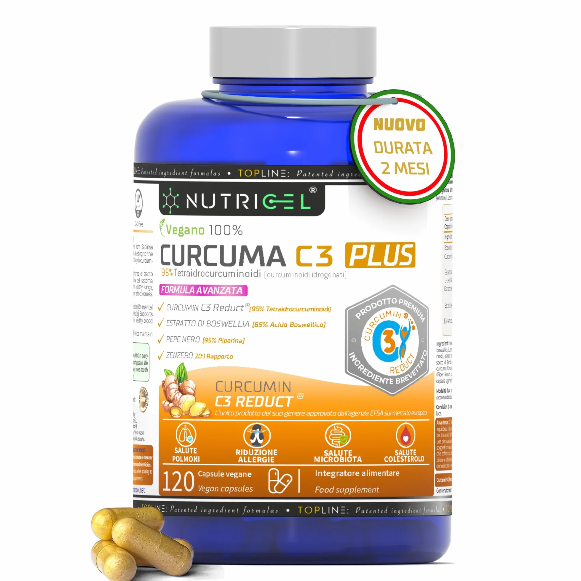 Curcuma Capsule C3 Reduct® con Boswellia, Zenzero e Pepe Nero – Curcumina Antinfiammatorio Naturale 120 Capsule