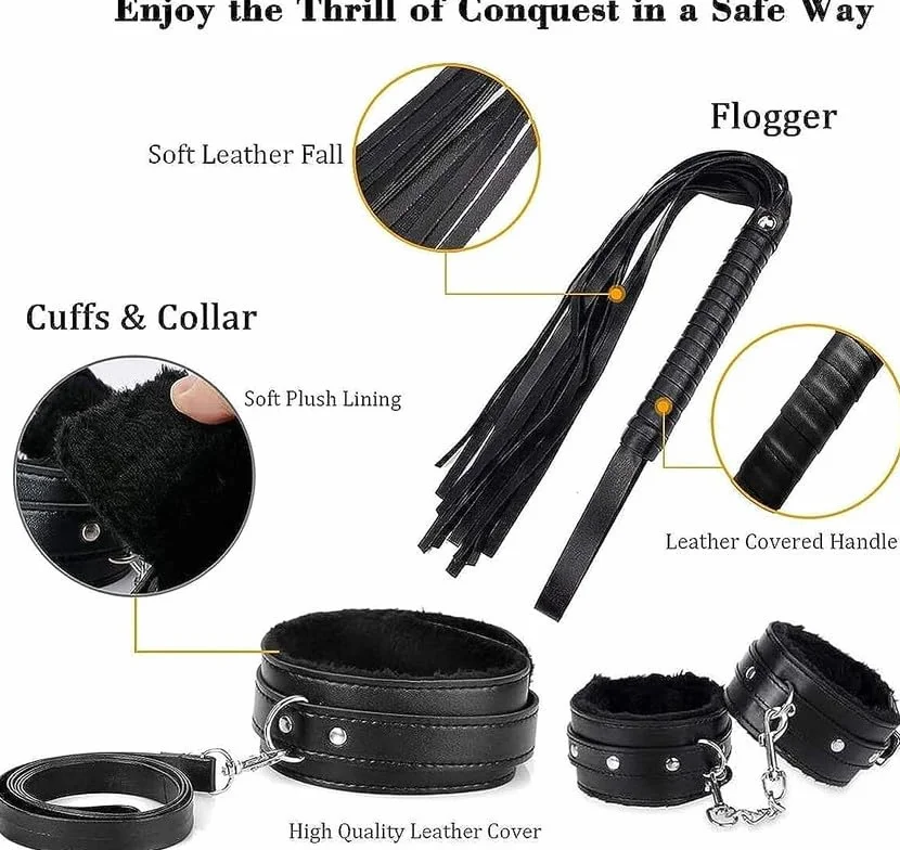 Sex Bondage Kit 10 Pezzi Pelle Nera Regolabile con Manette e Piuma Bastone