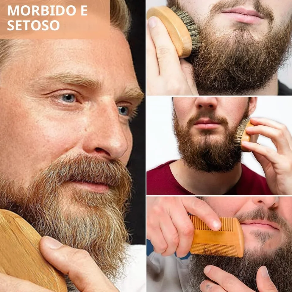 Spazzola Barba Uomo, Setole di Cinghiale, Pettine, Forbici (3pcs)