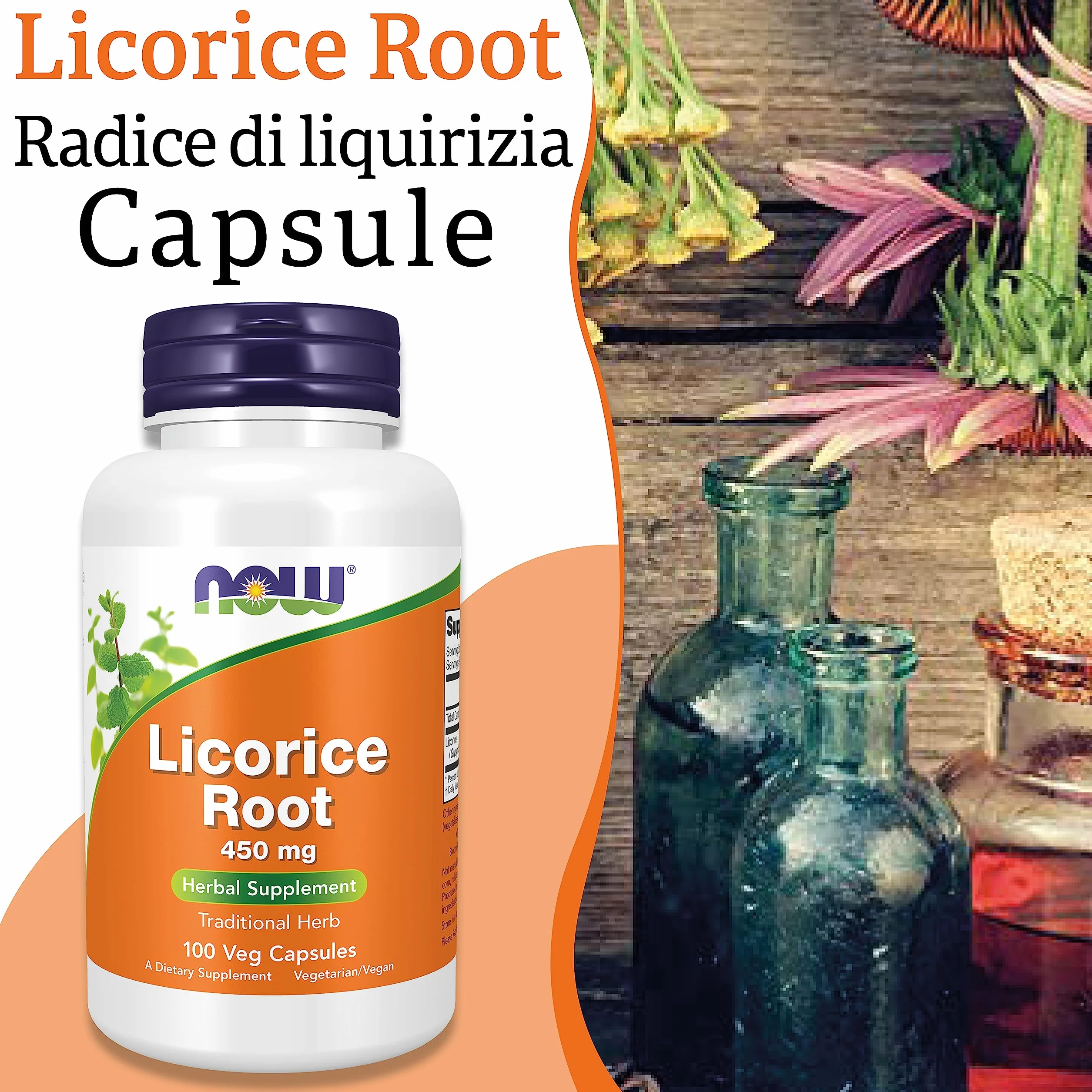 Now Foods Licorice Root 450 mg 100 Capsule Vegane Testato in Laboratorio Senza Glutine