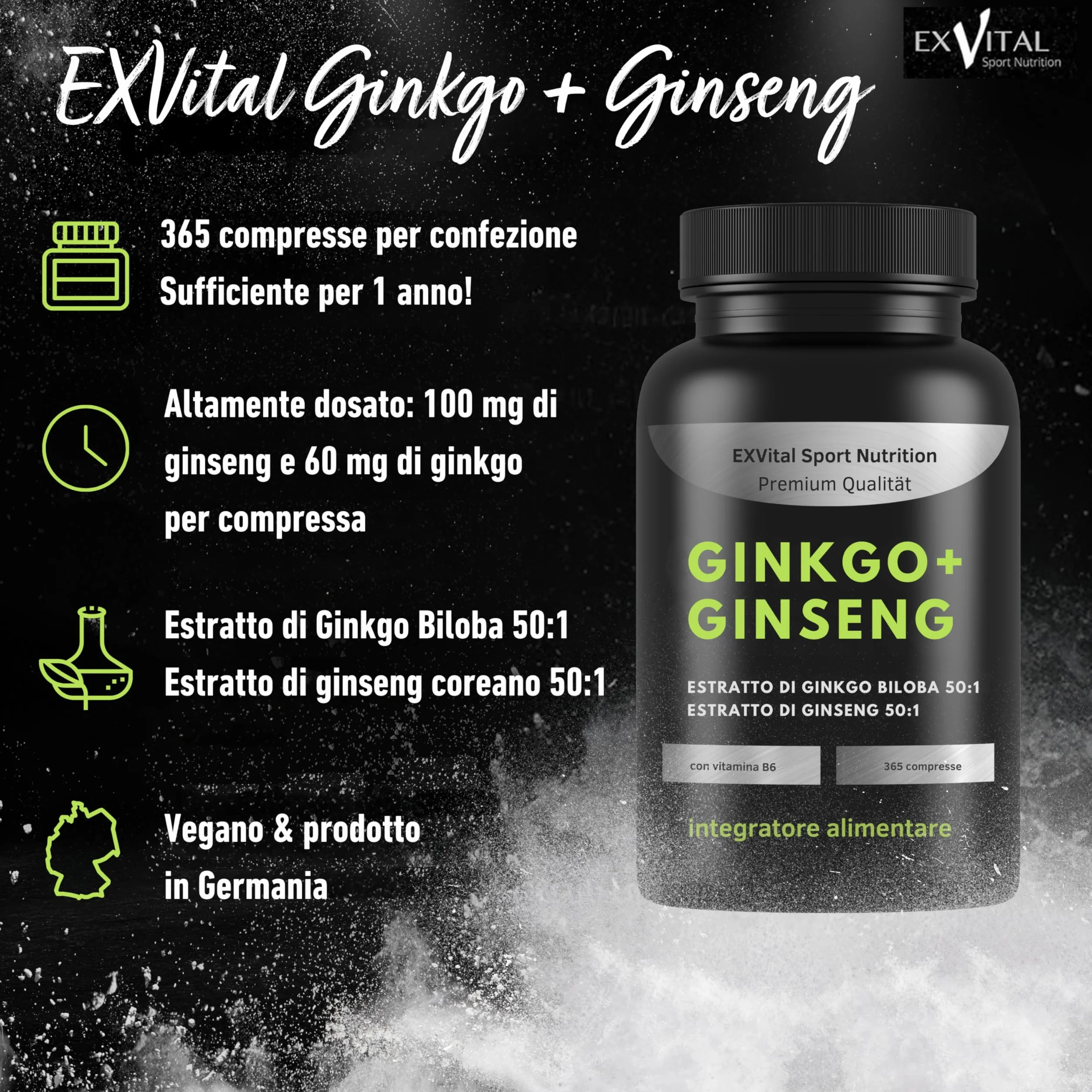 EXVital® Ginkgo + Ginseng, 365 compresse, estratti vegetali 50:1, altamente dosati, Ginkgo Biloba e Ginseng coreano, Testato in laboratorio, Vegano