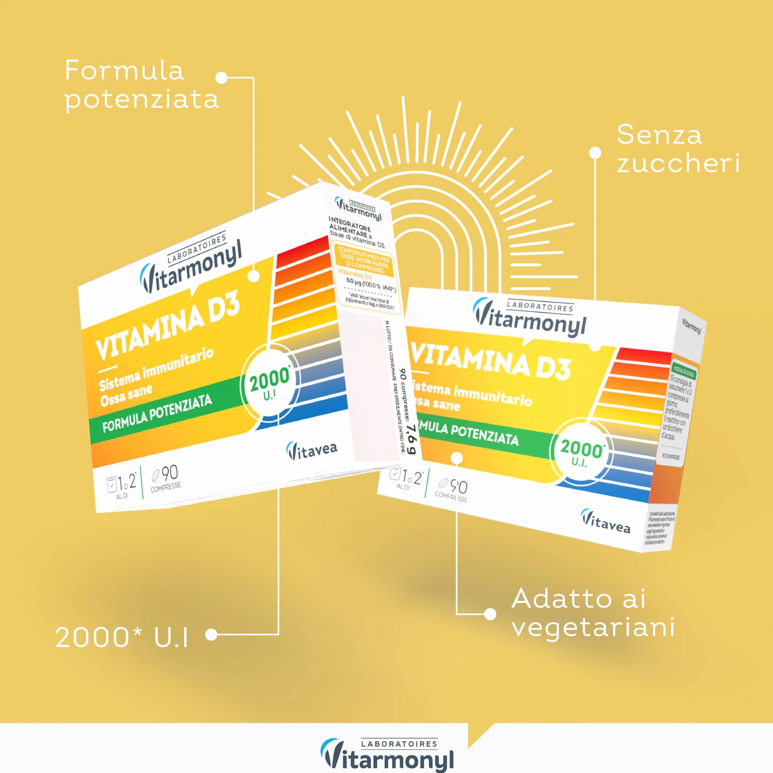 Vitamina D3 - Formula Potenziata 2000 UI - Integratore Difese Immunitarie - Assorbimento Calcio e Fosforo, Salute Ossa, Denti e Muscoli - Sistema Immunitario - 90 Compresse - Vitarmonyl