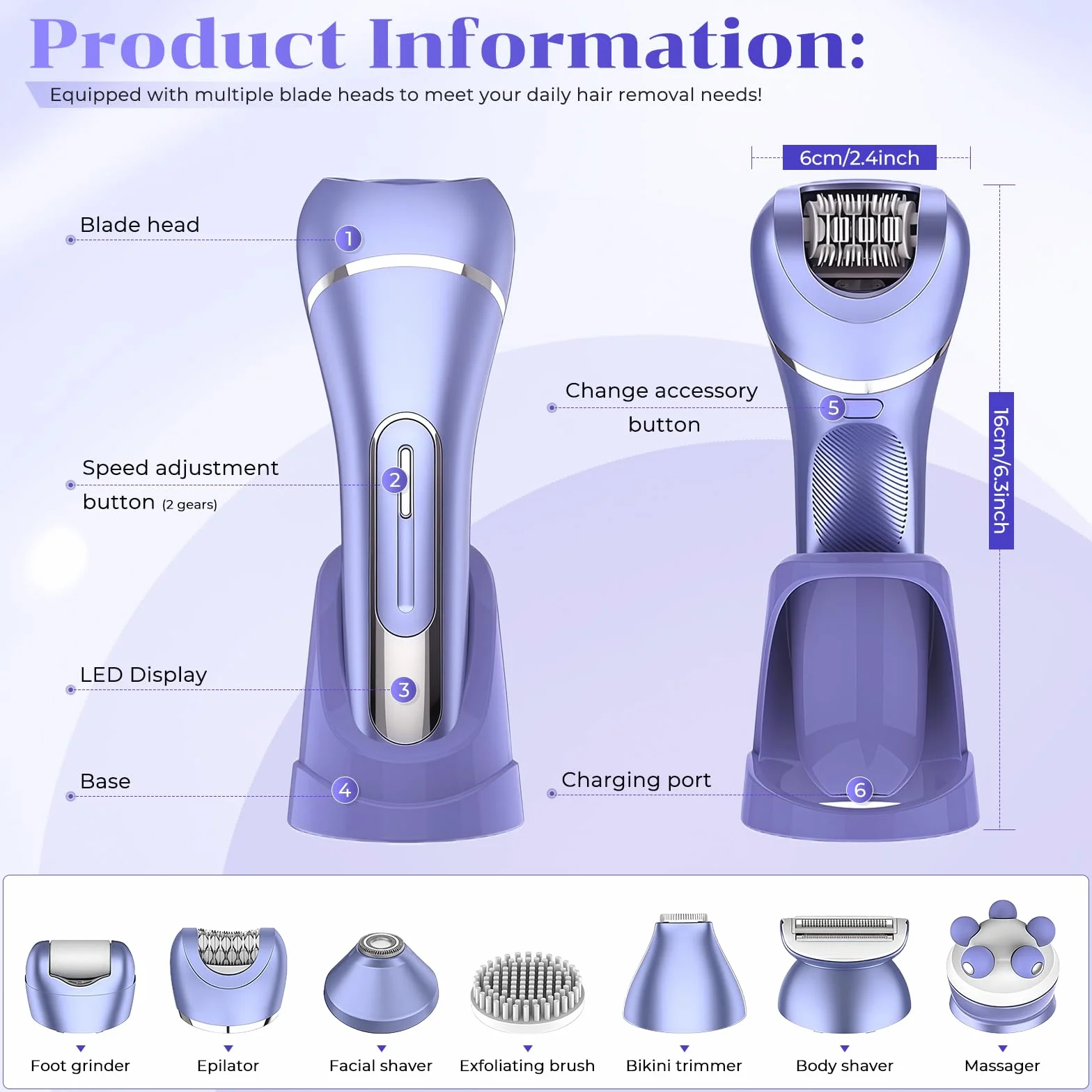 7 In 1 Rasoio elettrico donna,Epilatore elettrico donna,Depilatore corpo,Rasoio donna parti intime,Rasoio Parti Intime,Impermeabile IPX7,Display LCD,per Braccia Zona Bikini