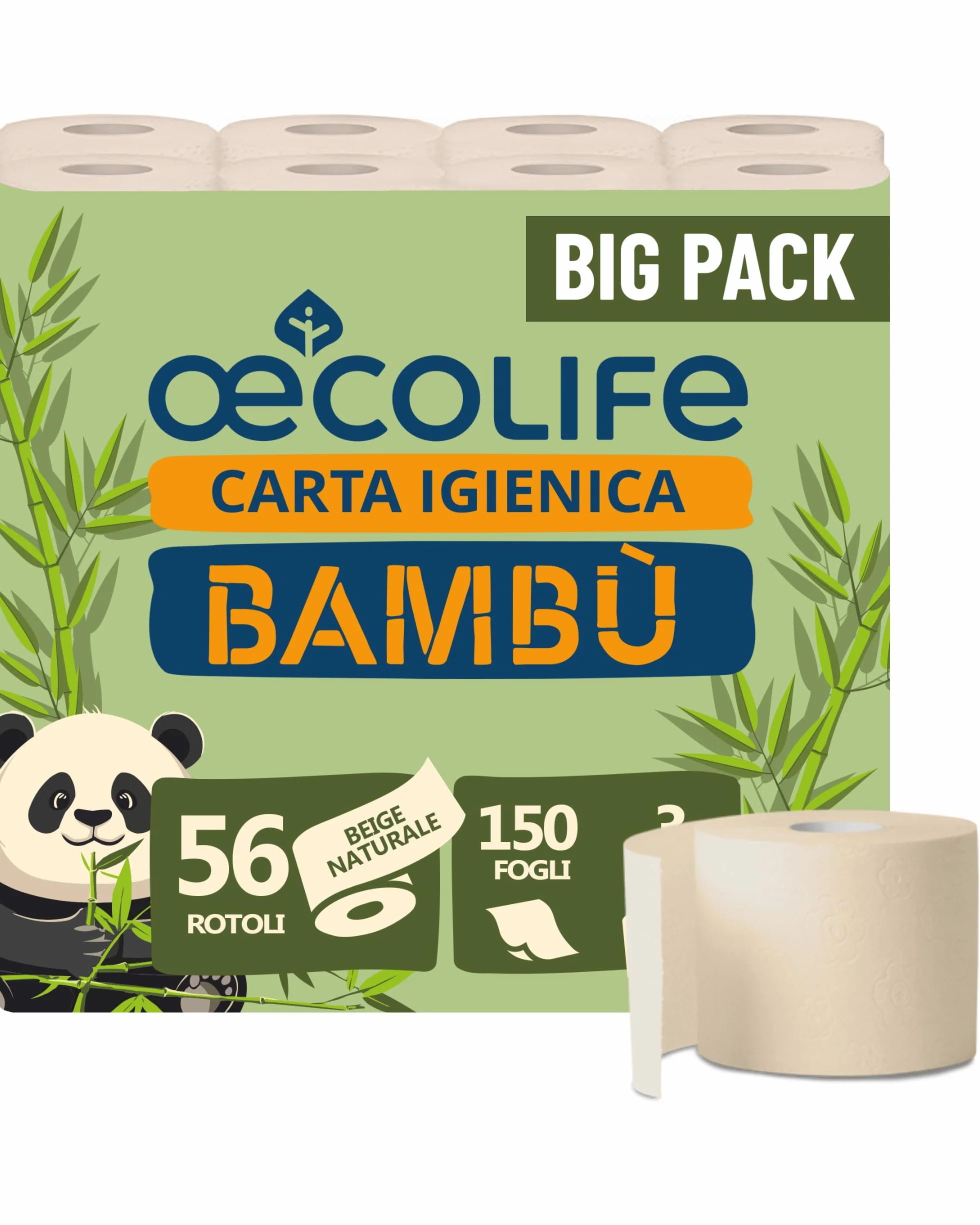 œcolife Carta igienica in bambù 3 strati 56 x 150 fogli per rotolo sostenibile confezione da 60% PCR 56 rotoli
