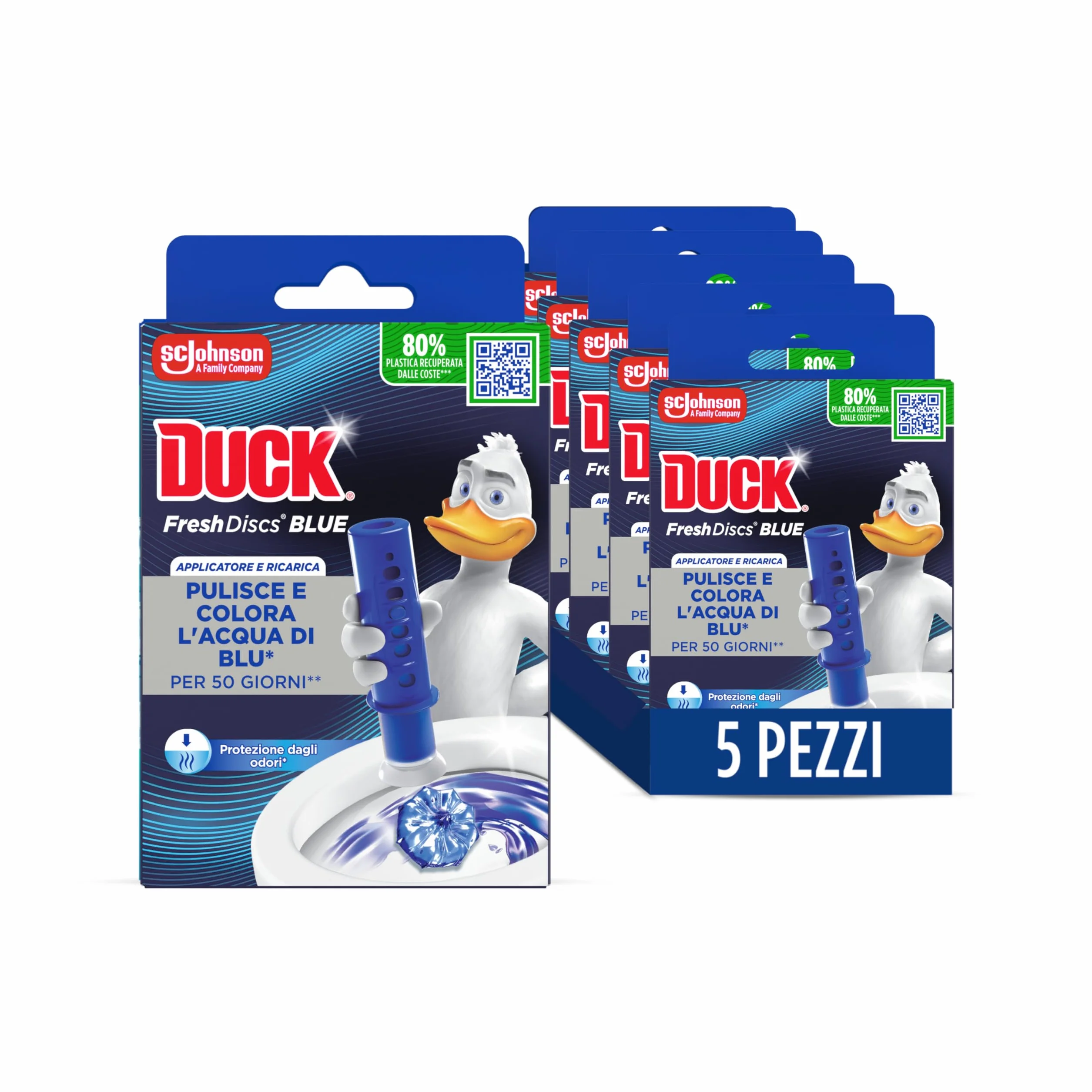 Duck Fresh Discs Blue- Base per Dischi Gel Igienizzanti WC, Colora l'acqua di blu ad ogni risciacquo - Formato Scorta 5 Applicatori, 30 dischetti