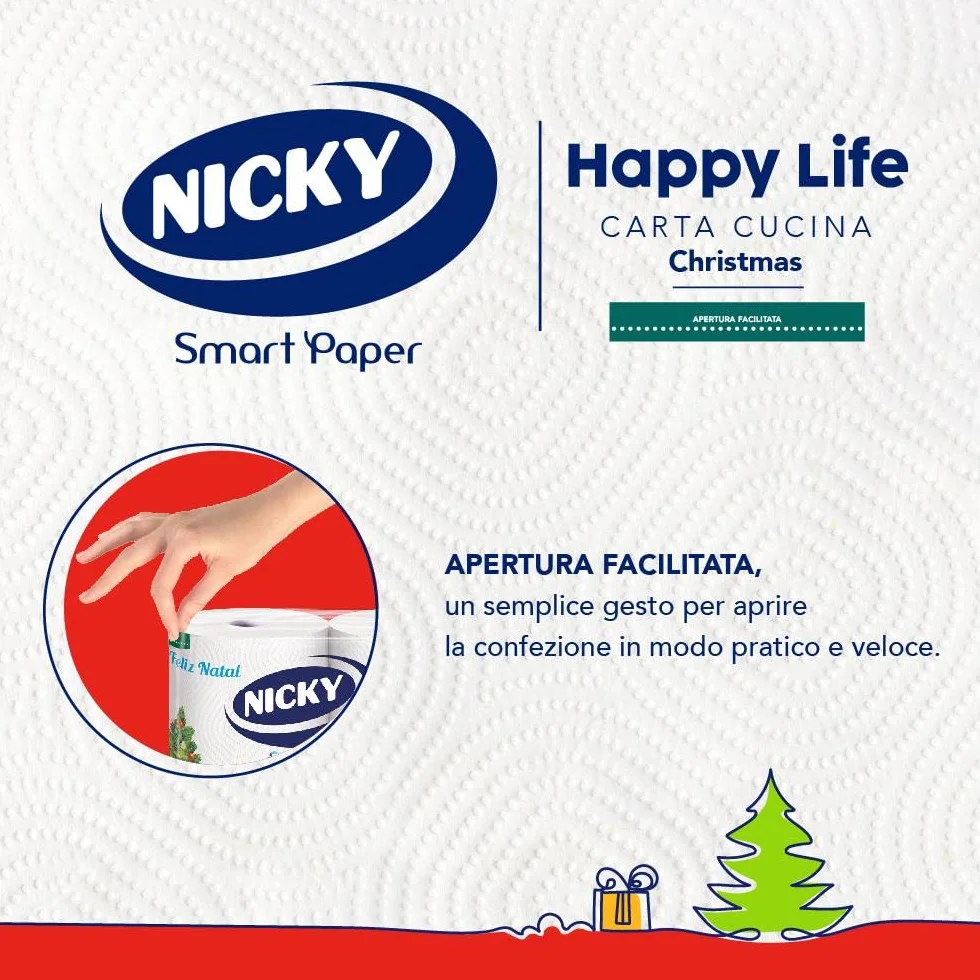 Nicky Happy Life Christmas Carta Cucina Natalizia 24 Rotoli Asciugatutto 100 Strappi 2 Veli Apertura Facilitata 4 Decori Natalizi Diversi Resistente Assorbente Carta FSC