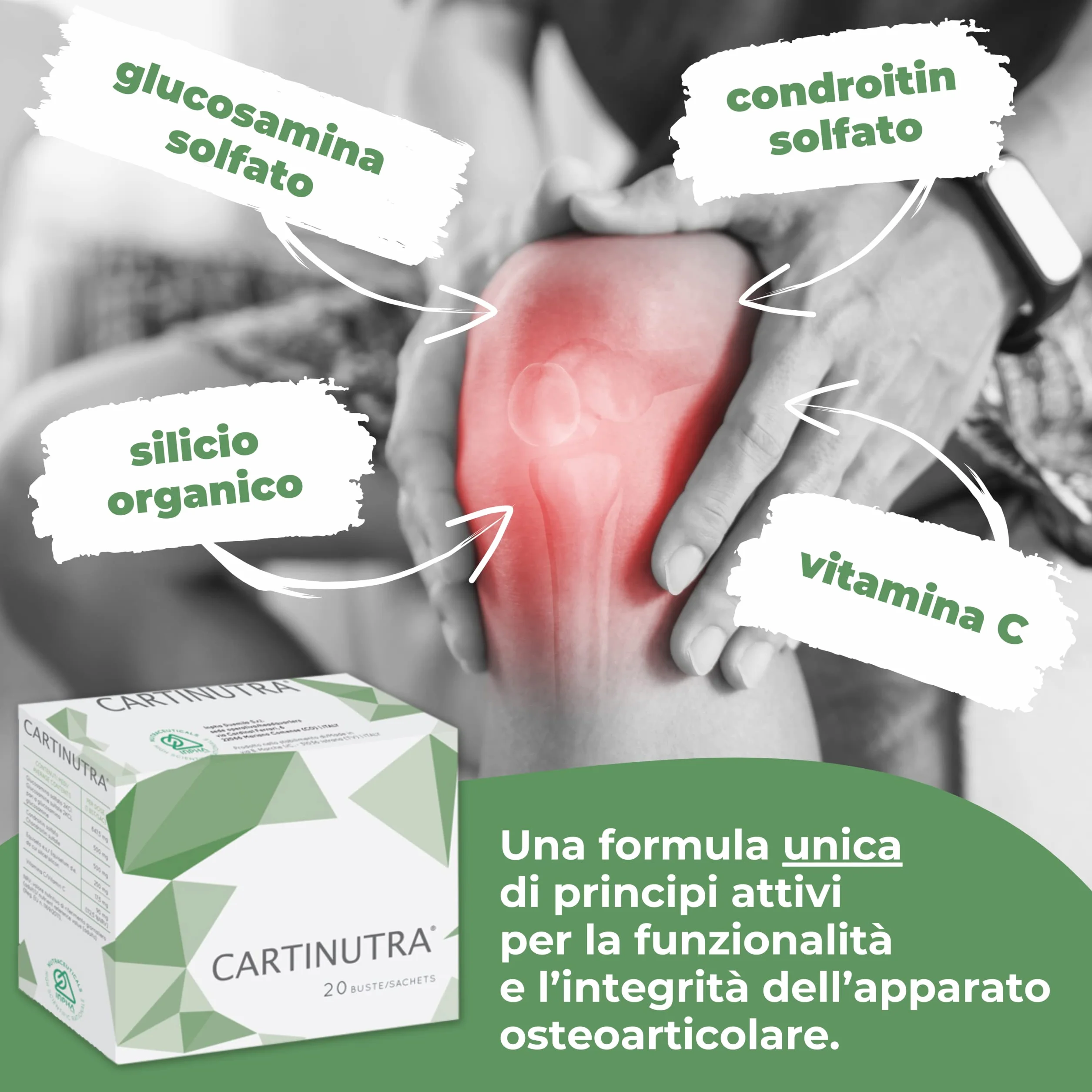 CARTINUTRA® Integratore Articolazioni e cartilagini con Glucosamina e Condroitin Solfato, Silicio Organico e Vitamina C ● Senza Glutine e naturalmente senza Lattosio ● 20 Bustine Gusto Tropical
