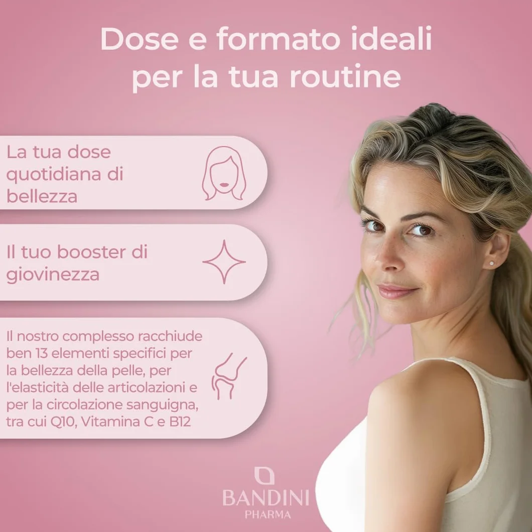 Bandini Collagene Peptan Acido Ialuronico 180 Capsule, Collagene Marino Idrolizzato Tipo 1 con Coenzima Q10, Vitamina C, Biotina, Zinco e Selenio, Integratore per Articolazioni, Pelle e Ossa