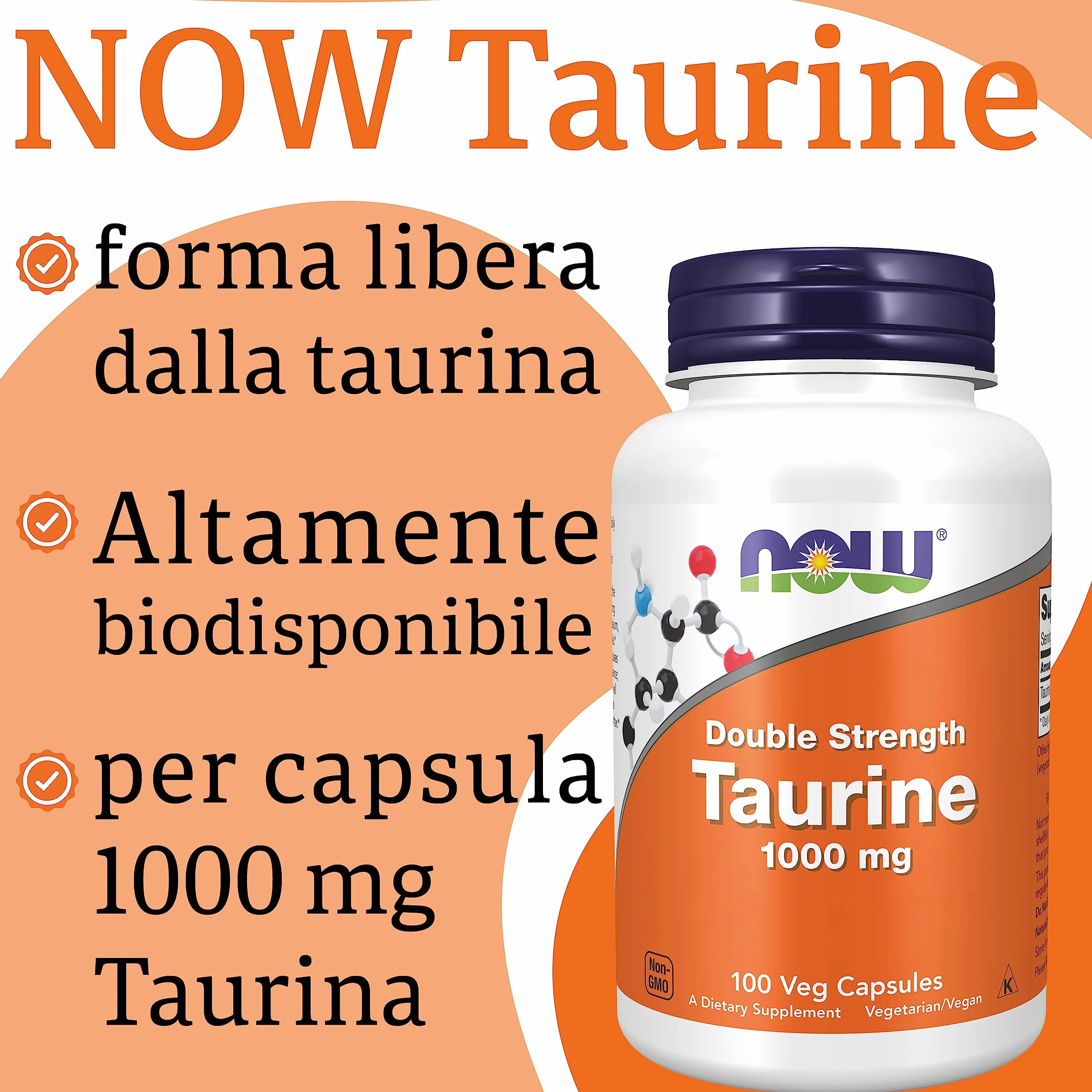 Now Foods Taurine Doppia Forza 1000mg 100 Capsule vegane Aminoacido