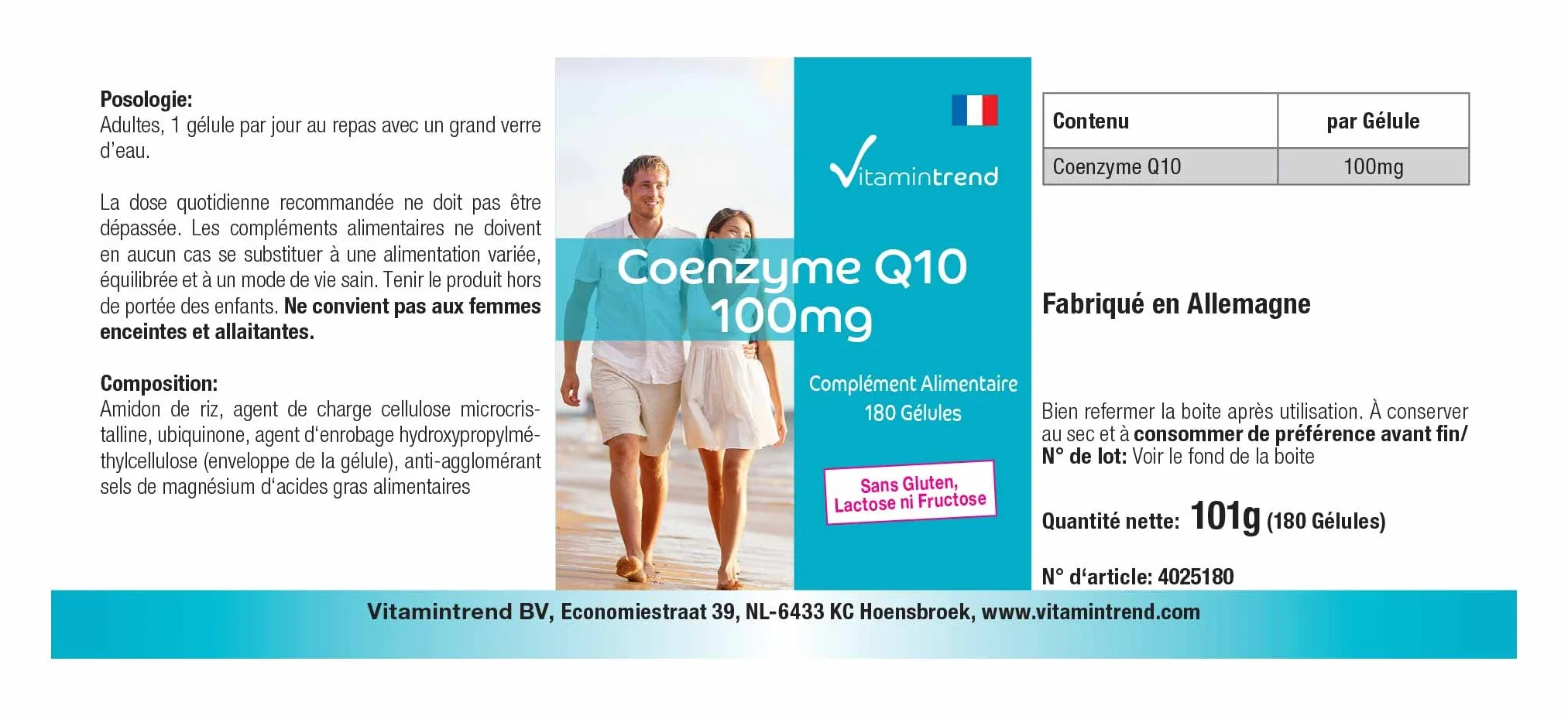 Vitamintrend Coenzima Q10 100 mg, 180 capsule, facili da deglutire, ad alto dosaggio, integratore alimentare vegano senza magnesio stearato, prodotto in Germania