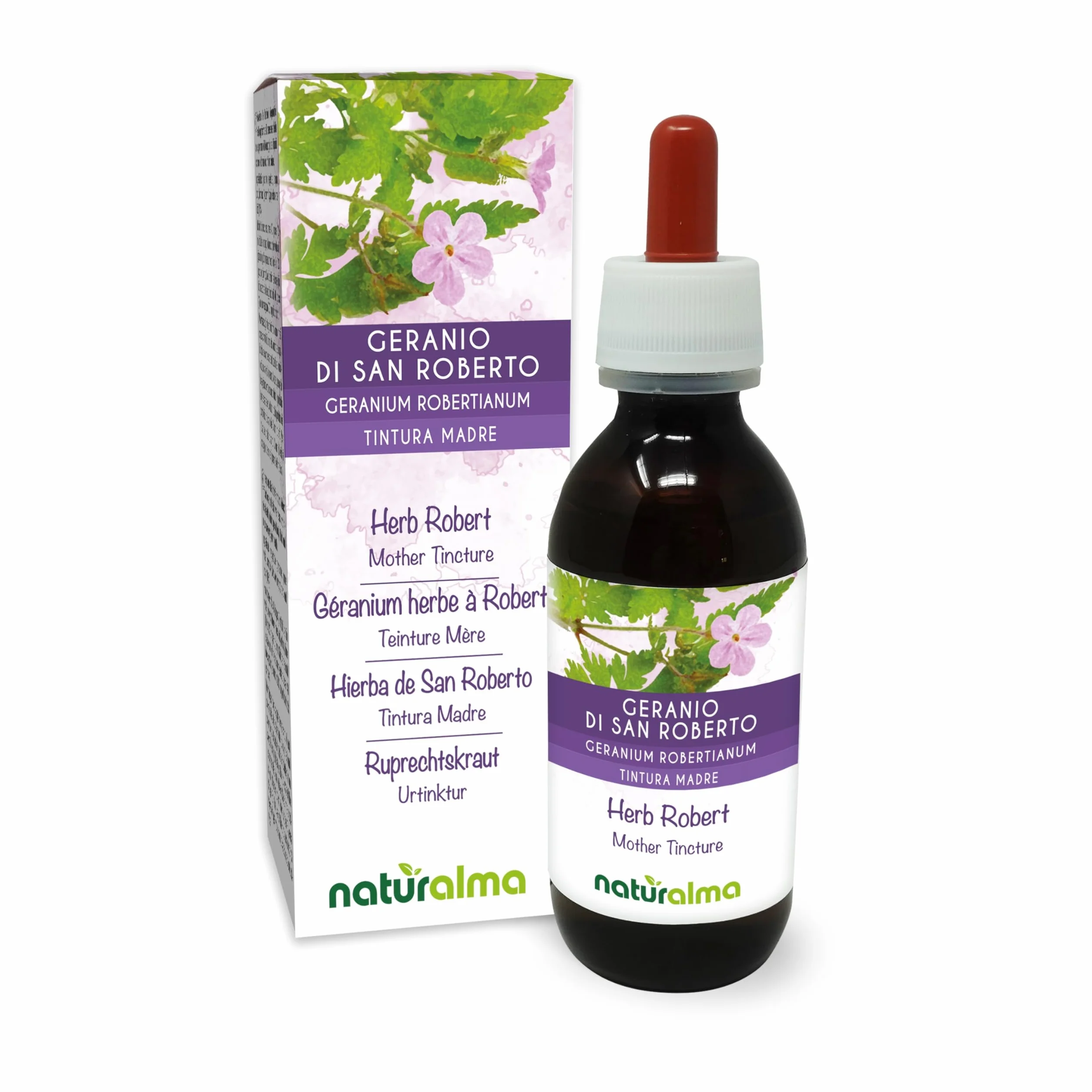 Geranio di San Roberto o Erba Roberta (Geranium robertianum) erba con fiori Tintura Madre analcoolica Naturalma - Estratto liquido gocce 120 ml - Integratore alimentare - Vegano