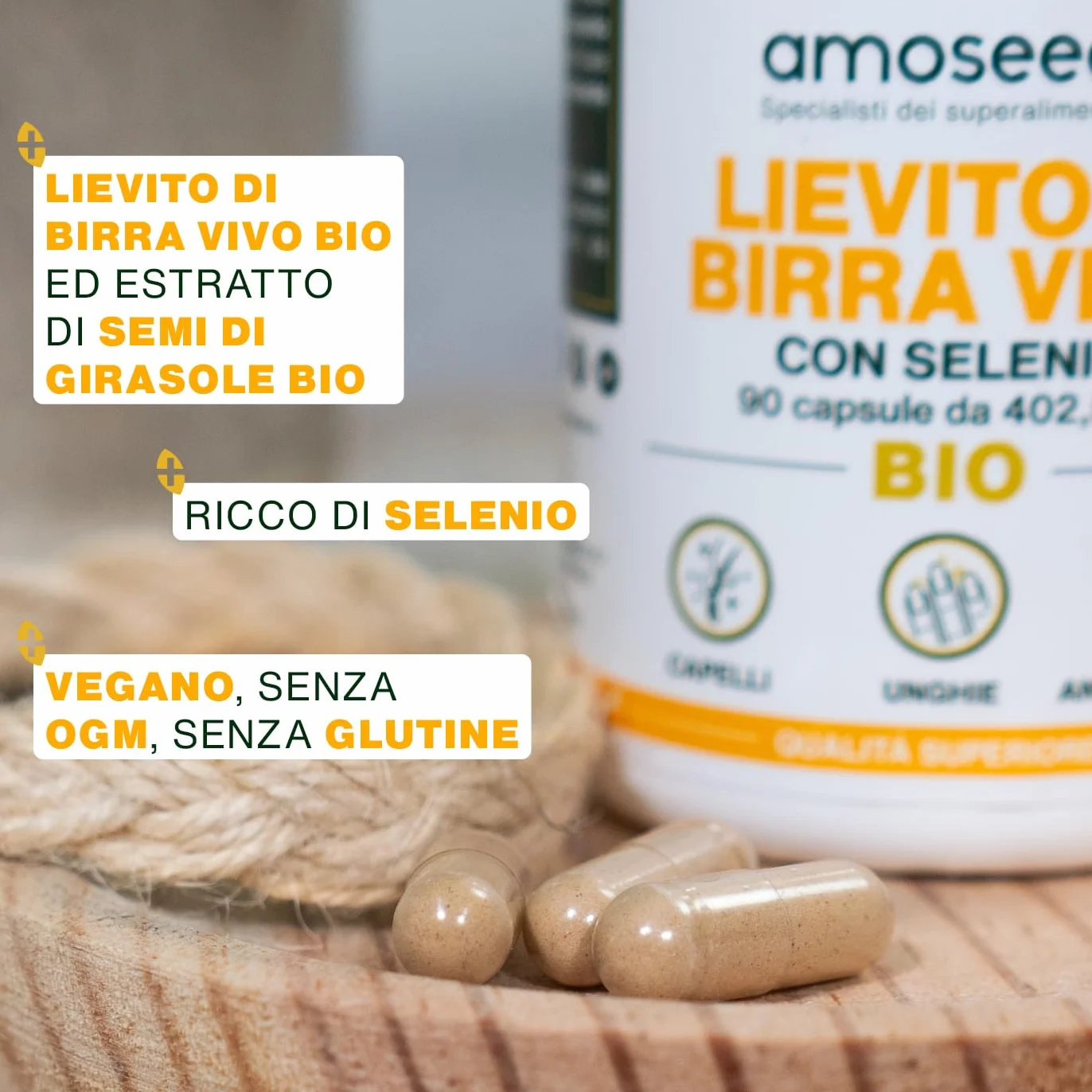 Lievito di Birra Vivo BIO 1200mg Selenio 90 capsule vegane per Capelli e Unghie