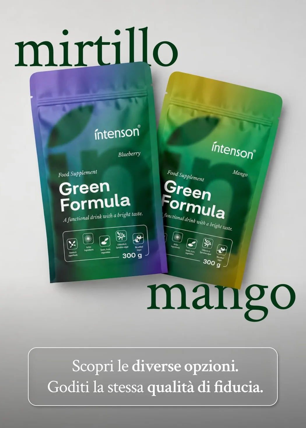 Intenson Green Formula Mango Super Greens Polvere Superfood Blend Chlorella Spirulina Ashwagandha OPC Moringa Senza Zucchero Bevanda Funzionale 300 g