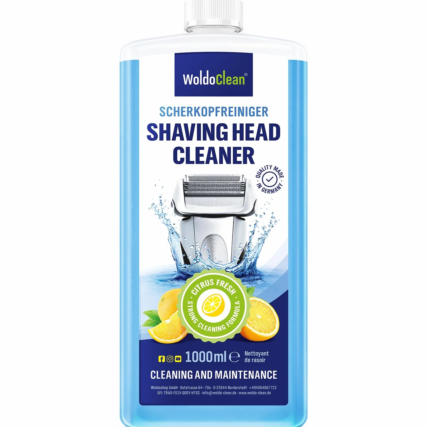 WoldoClean Liquido di Ricarica per Testine 1000ml - Detergente per Rasoi Compatibile con Braun Clean & Renew