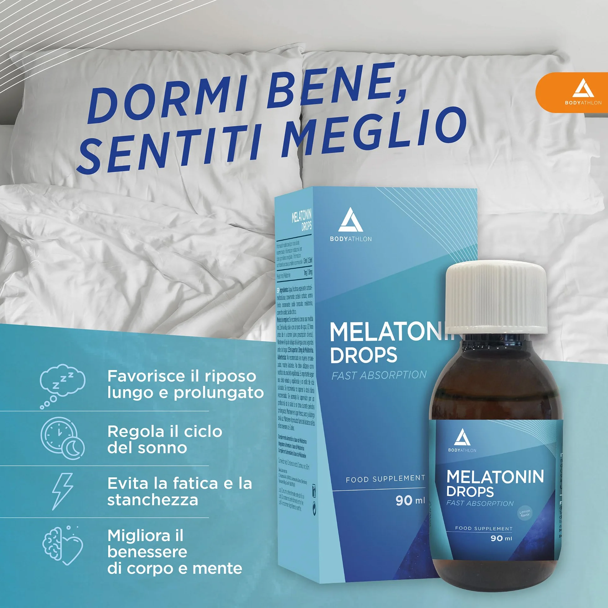 Melatonina pura in gocce 90ml BODYATHLON per dormire meglio insonnia vegano aroma limone