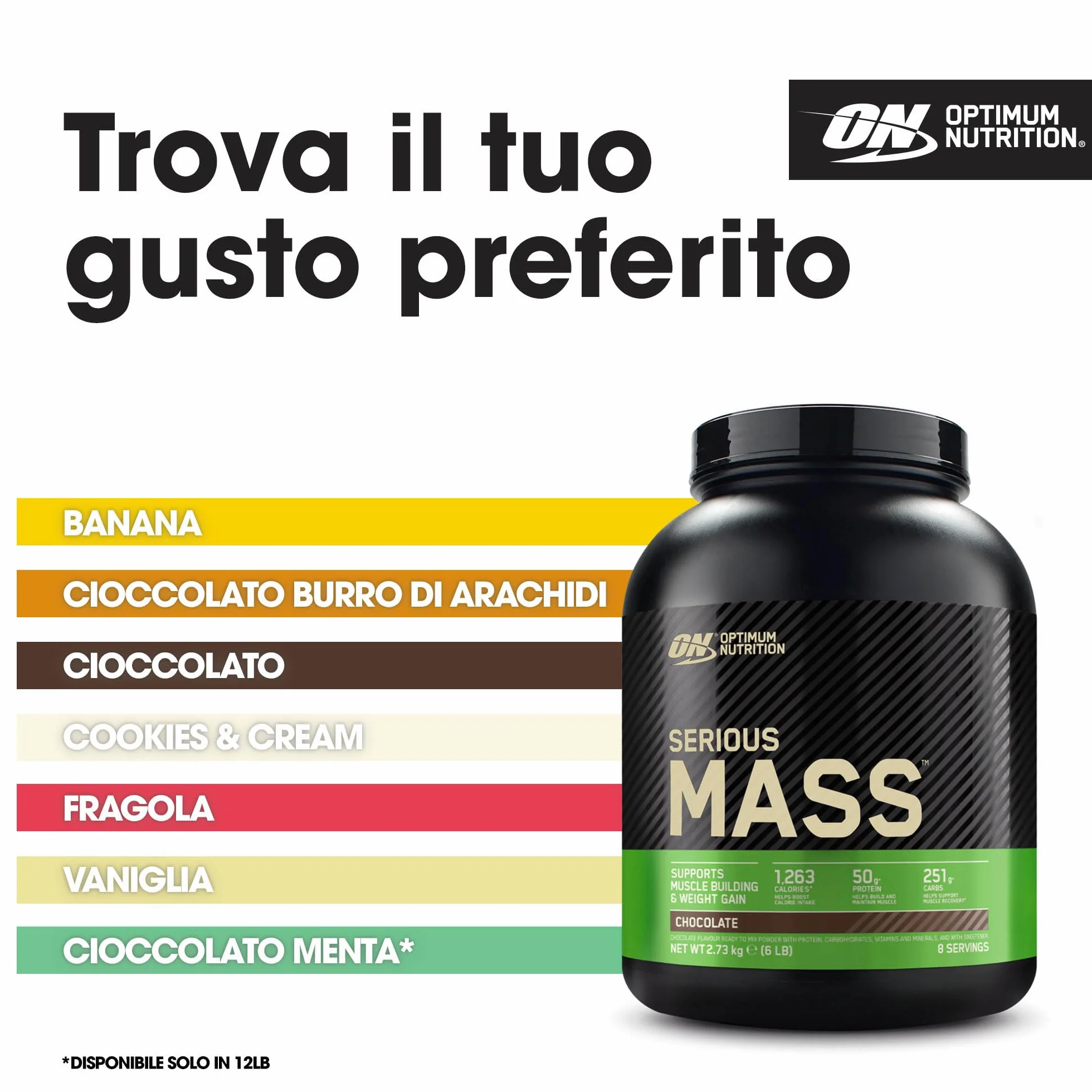 Optimum Nutrition Serious Mass Proteine in Polvere Gusto Cioccolato 2,73 kg 8 Dosi