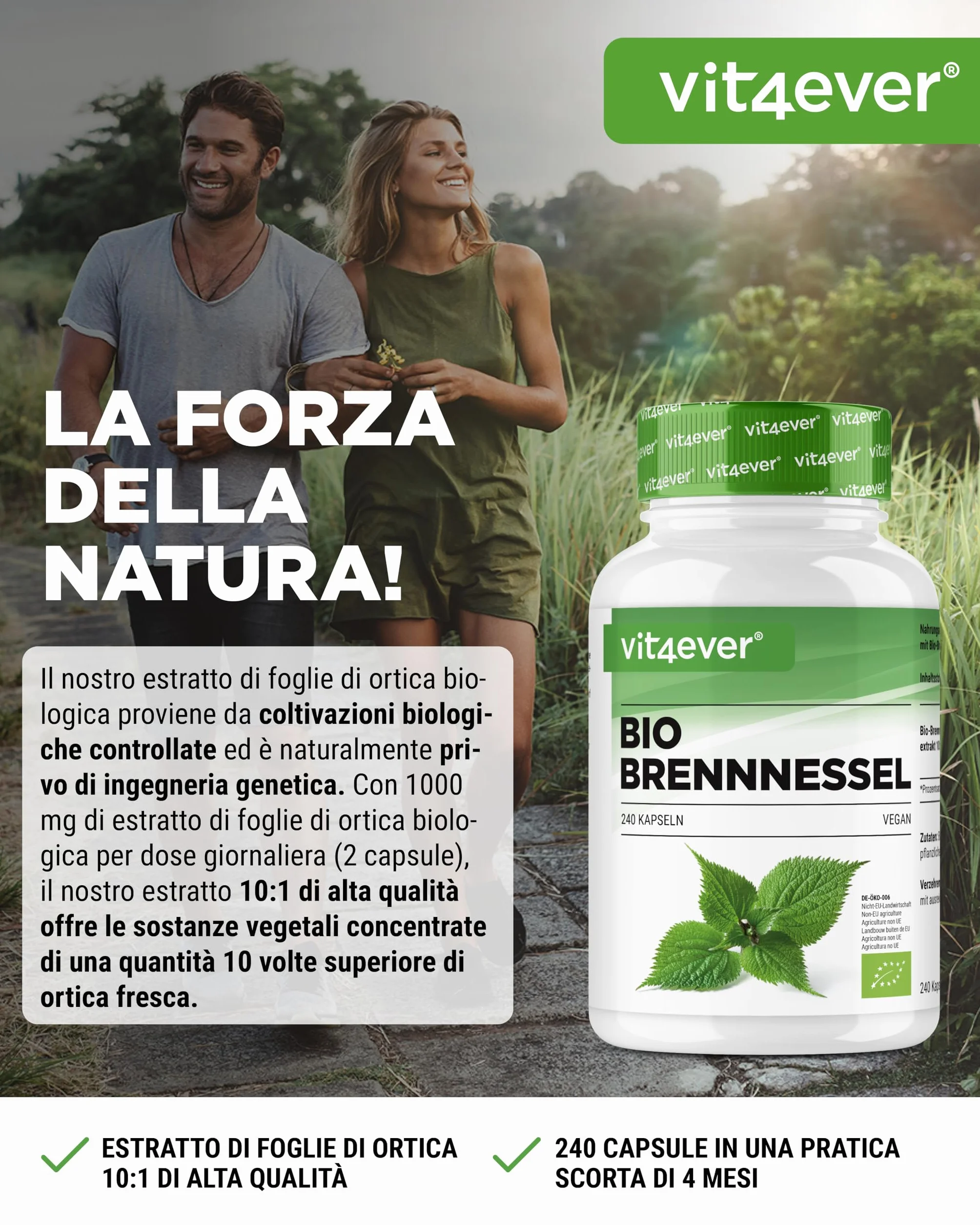 Ortica biologica 240 capsule 1000 mg per dose giornaliera Estratto 10:1 Vegan