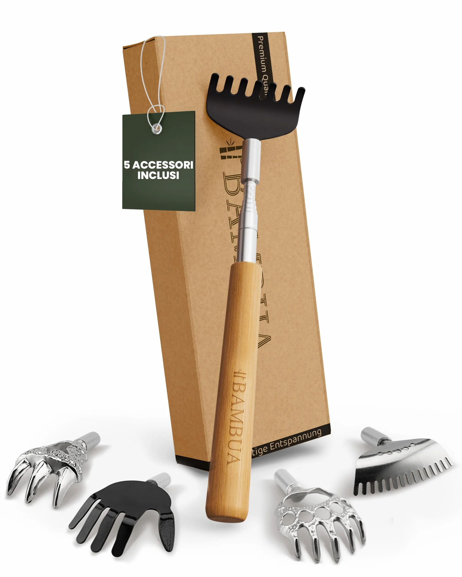 BAMBUA Manina Grattaschiena Allungabile - (Include 5 Accessori) Manico in Bambù - Per Sensazioni di Grattamento Soddisfacenti - Gratta Schiena Mano Allungabile - Grattino Schiena - Idea Regalo