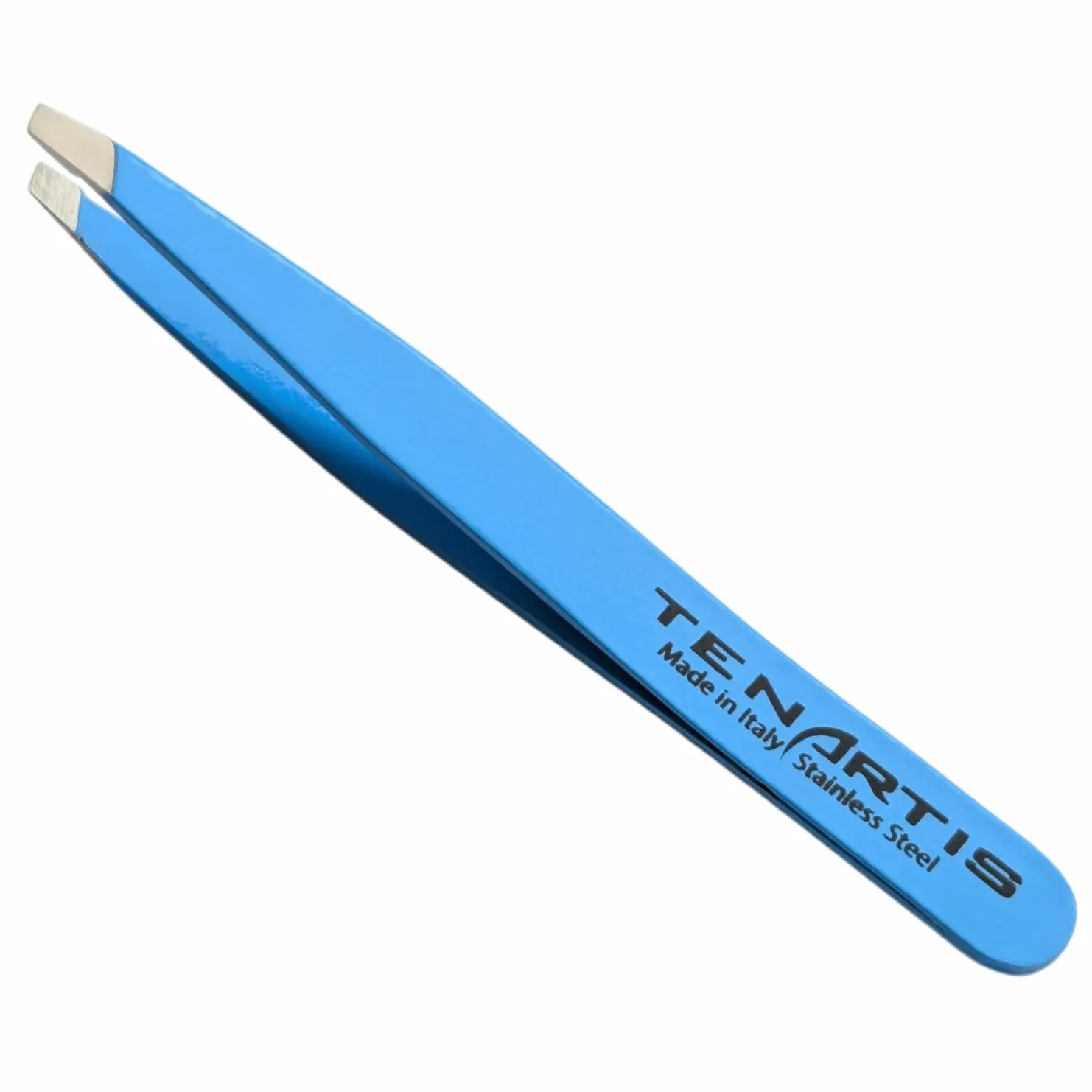 Tenartis 188 Pinzette per Sopracciglia Professionale, Obliqua Inox Celeste con Custodia in PVC - Made in Italy