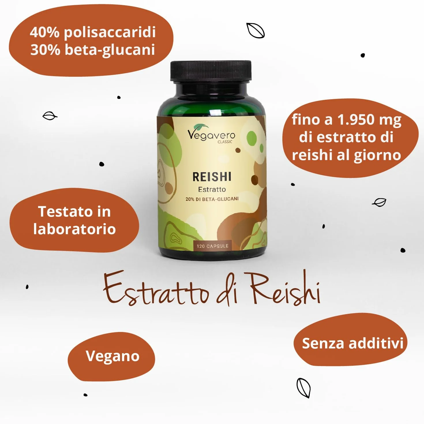 REISHI Vegavero | 27.300 mg (14:1) | con 40% Polisaccaridi + 20% Beta Glucani | Ganoderma Lucidum Puro | Analisi di Laboratorio | 120 capsule | Vegan
