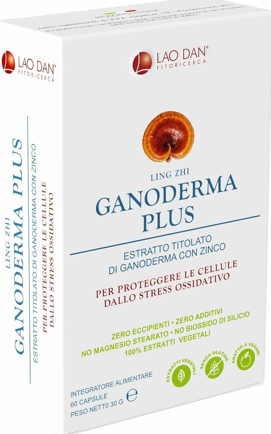 Nuovo GANODERMA PLUS - REISHI da Fitoricerca Lao Dan® Nuova formula 60 Cps 100% Naturale Zero Additivi +33% di Estratto Premium Quality 400mg Massima titolazione 50% polisaccaridi Made in Italy