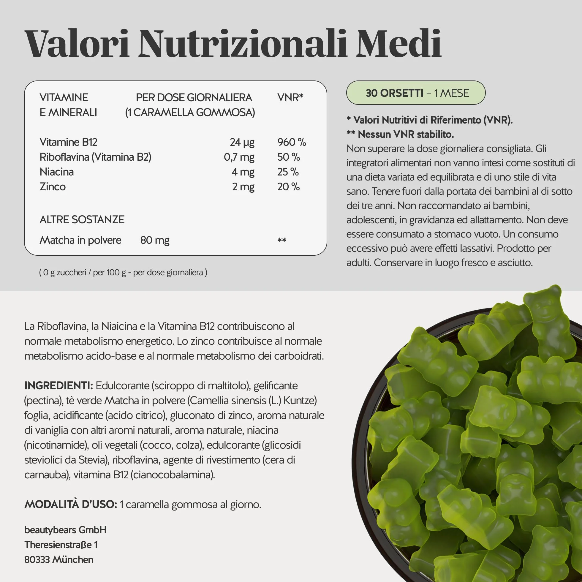 My Metabolic Matcha Vitamin Caramelle Gommose - Integratore Energizzante Naturale - Con Matcha, Vitamina B12, B2, Zinco, Niacina - 30 Pezzi (1 Mese) - Senza Zucchero, Vegano - Bears with Benefits