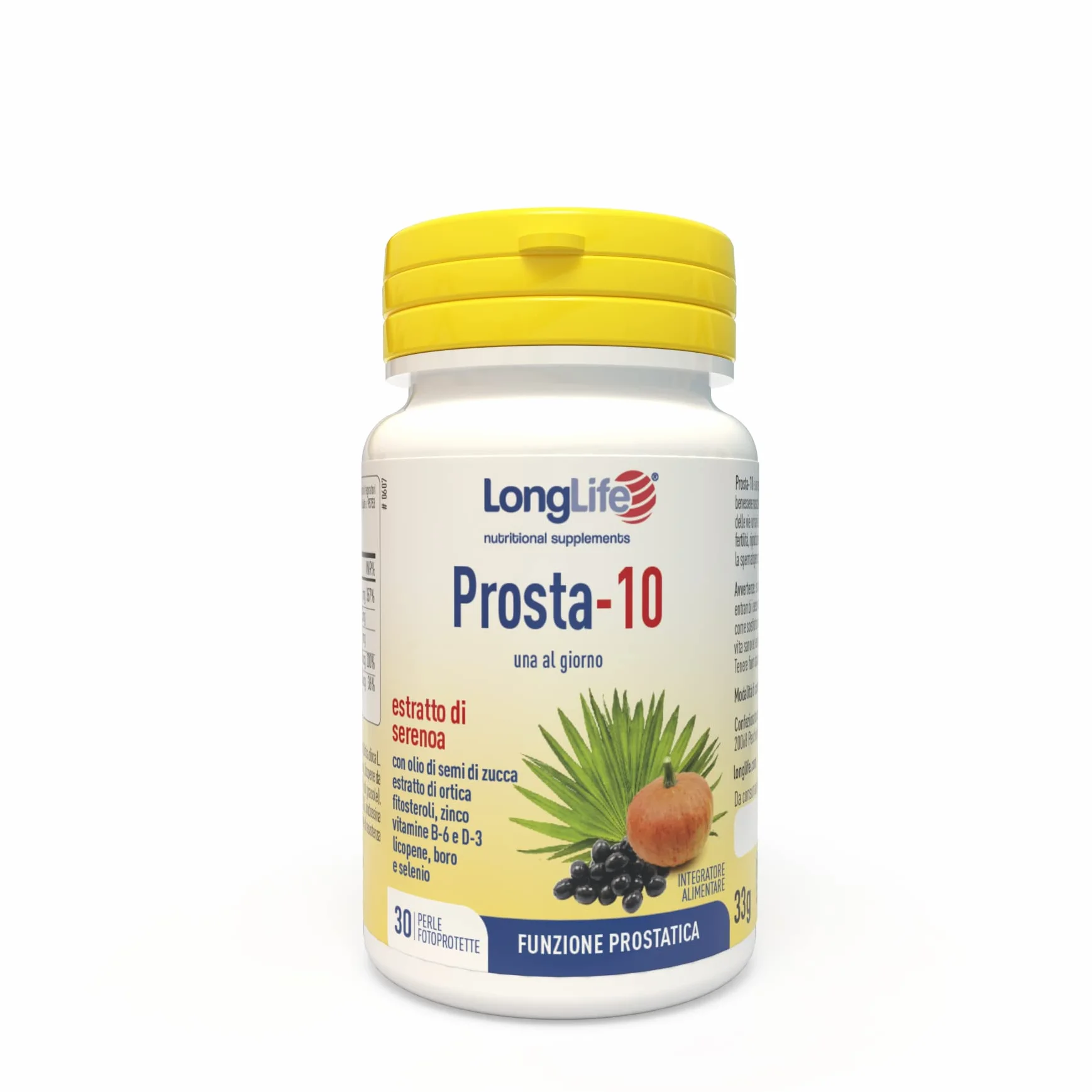 LongLife® Prosta-10 Integratore Serenoa 85% Acidi Grassi Liberi Prostata Vie Urinarie 1 Mese Trattamento Senza Glutine