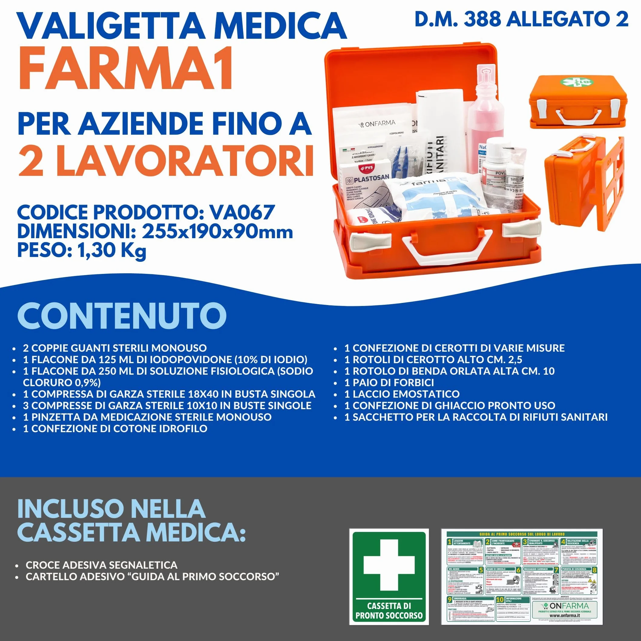 ONFARMA FARMA1 Cassetta pronto soccorso completa DM 388 allegato 2 aziende 2 lavoratori mezzi aziendali