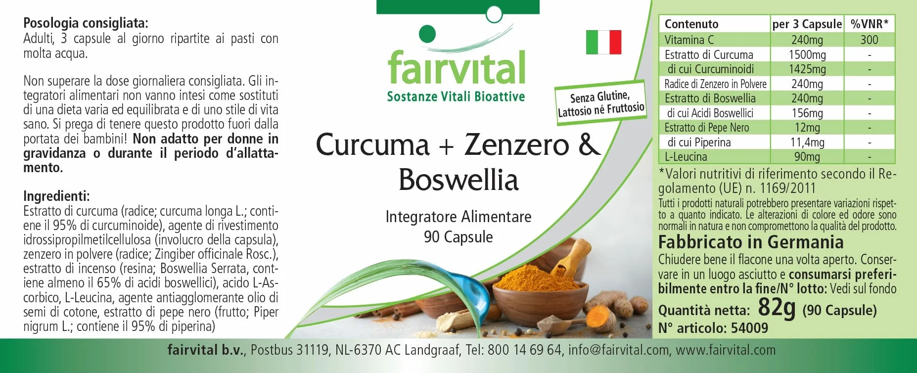 Fairvital Curcuma Zenzero Boswellia Vitamina C 90 Capsule Vegane Pepe Nero