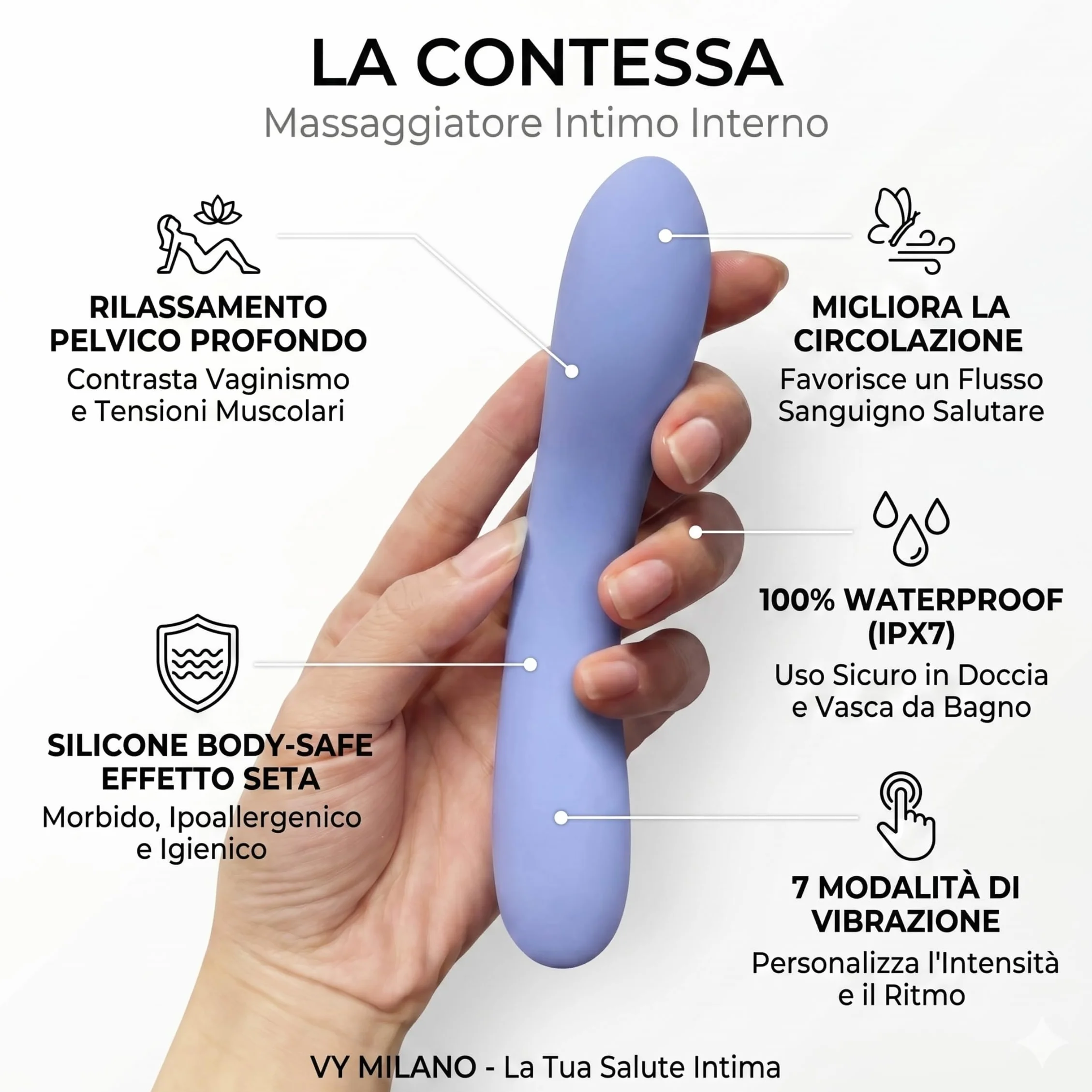 La Contessa - Massaggiatore Intimo Femminile Interno in Silicone | Flessibile, Ricaricabile e Waterproof | Ideale per Benessere Pelvico, Vaginismo e Rilassamento | 3 Intensità e 7 Vibrazioni