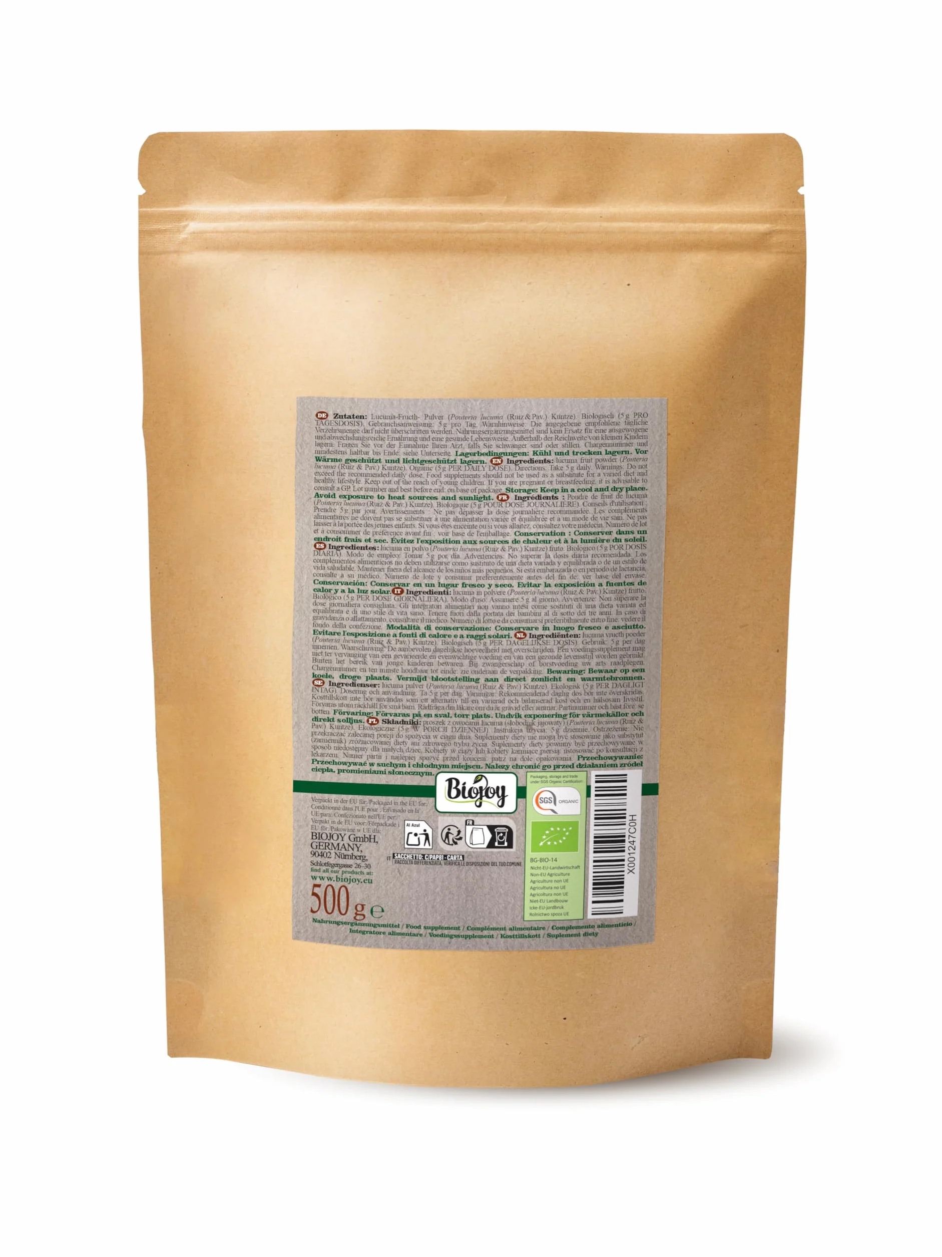 Biojoy Lucuma in polvere Biologica (500 g), lucuma frutta senza additivi (Pouteria lucuma)