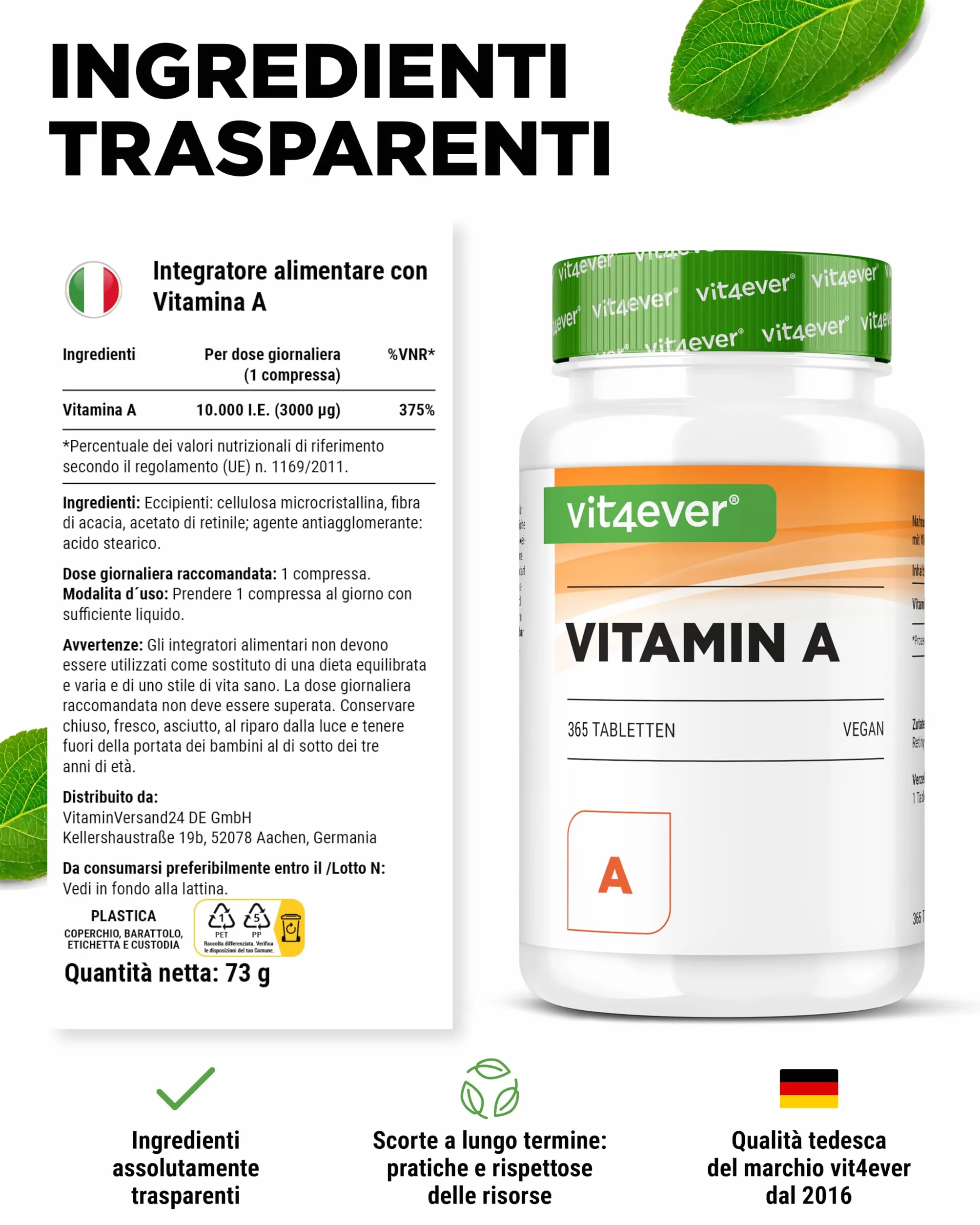 vit4ever Vitamina A - 10.000 U.I. (3000 µg) - 365 compresse - Alternativa alle capsule - Acetato di retinile ad alto dosaggio - Senza additivi inutili - Occhi, pelle, sistema immunitario - Vegan