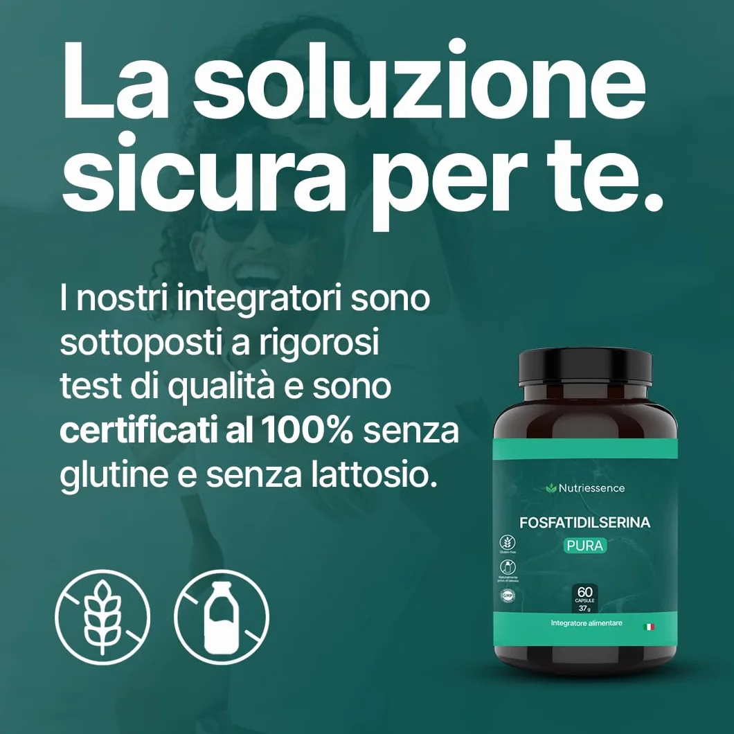 Fosfatidilserina 500 mg | Maxi Dosaggio Formato 60 Capsule | 2 Mesi di Rifornimento | Con Vitamine B1, B3, B9 e B12 | Migliora Memoria, Concentrazione e Focus Mentale |Senza Glutine e Lattosio