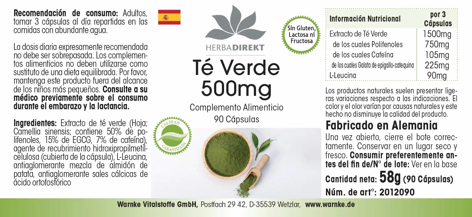 Estratto di tè verde - 90 capsule - 1500mg per dose giornaliera - EGCG - Camellia sinensis - min. 50% di polifenoli - vegano | HERBADIREKT by Warnke Vitalstoffe - Qualità farmaceutica tedesca