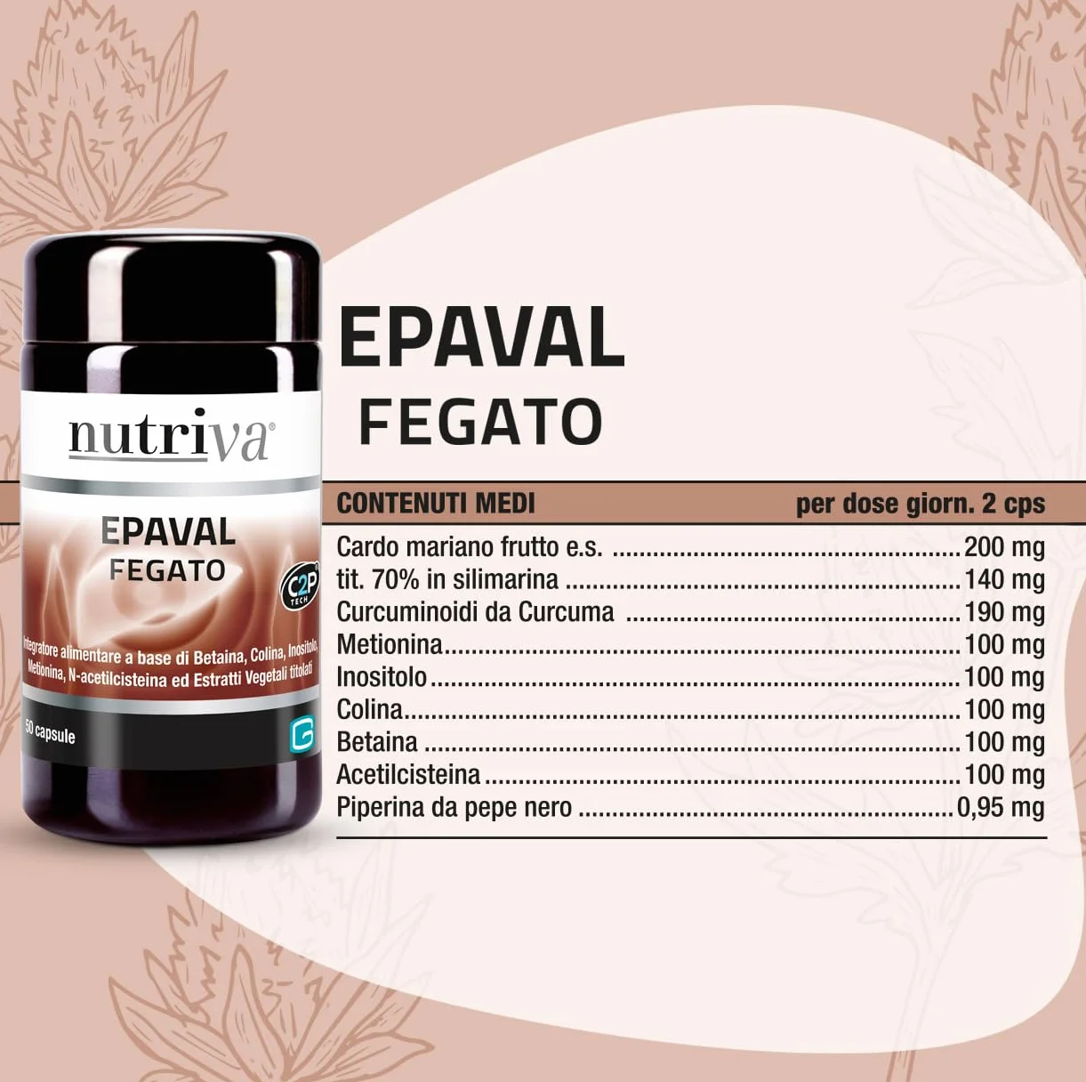 NUTRIVA Epaval Integratore Alimentare Betaina Colina Inositolo Metionina N-acetilcisteina 50 Capsule