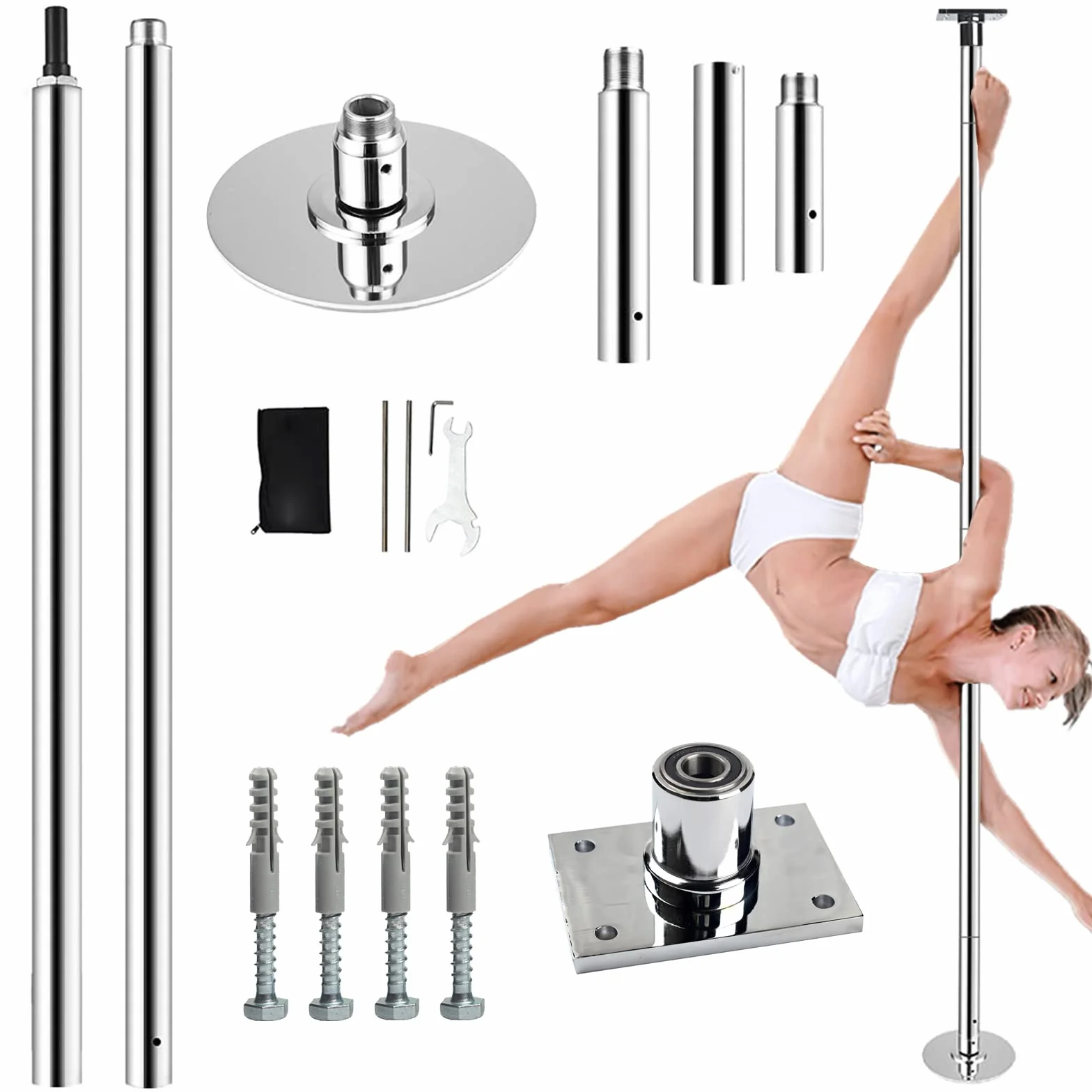 PRIOR FITNESS Set Palo da Ballo Fisso 45 mm, Palo Fitness Rotante/Statico, Piastra Fissa per Danza, con Certificazione CE