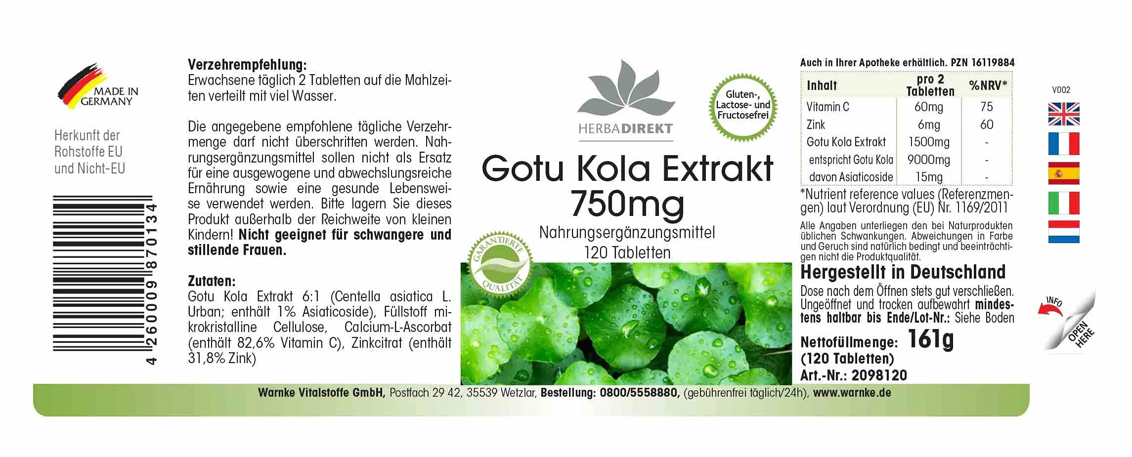 Gotu Kola 750mg estratto ad alto dosaggio con zinco e vitamina C 120 compresse vegan HERBADIREKT by Warnke Vitalstoffe