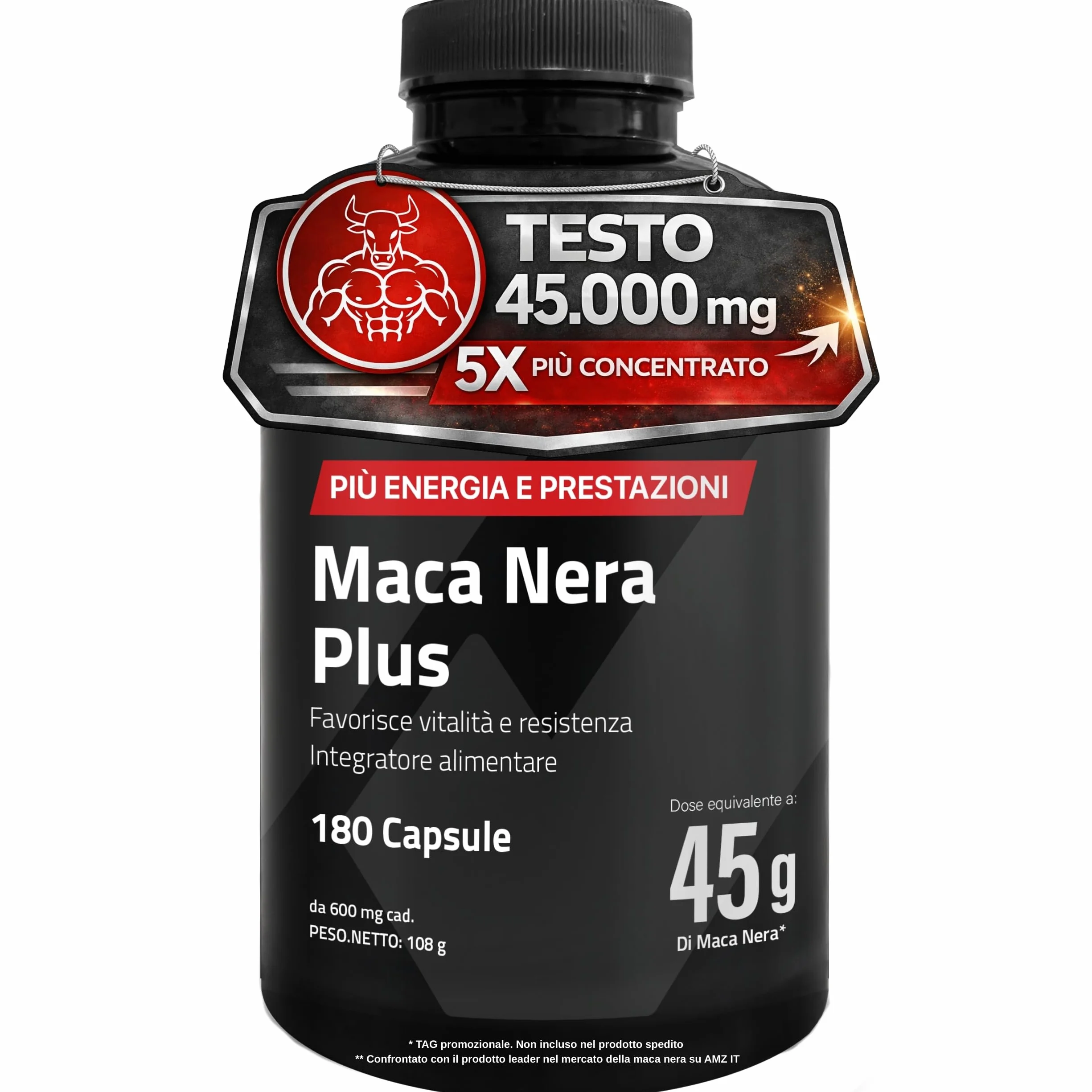 Maca Peruviana Plus – Maca Nera 45.000 mg Equivalenti (100:1), Arginina, Taurina, Vitamina B6 – Testosterone Uomo – 180 Capsule – Vegano, Senza Glutine né Lattosio – Pre workout, Energia e Muscoli