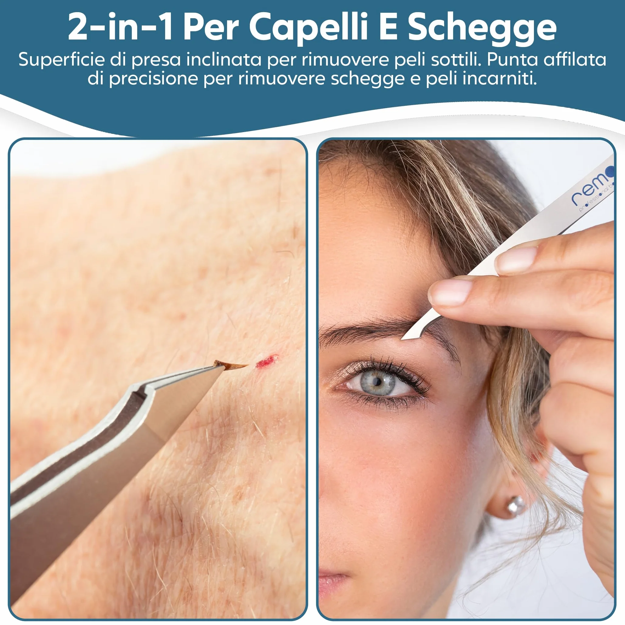 REMOS Pinzetta combinata in acciaio inox 9,5 cm - 2in1 per doppie punte e capelli - Satinato