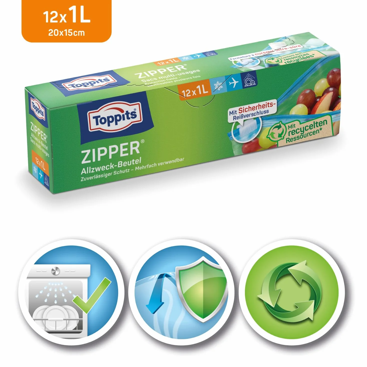Toppits Zipper sacchetto multiuso pellicola speciale antistrappo, riutilizzabile, trasparente, capacità 1 litro, 1 x 12 pezzi
