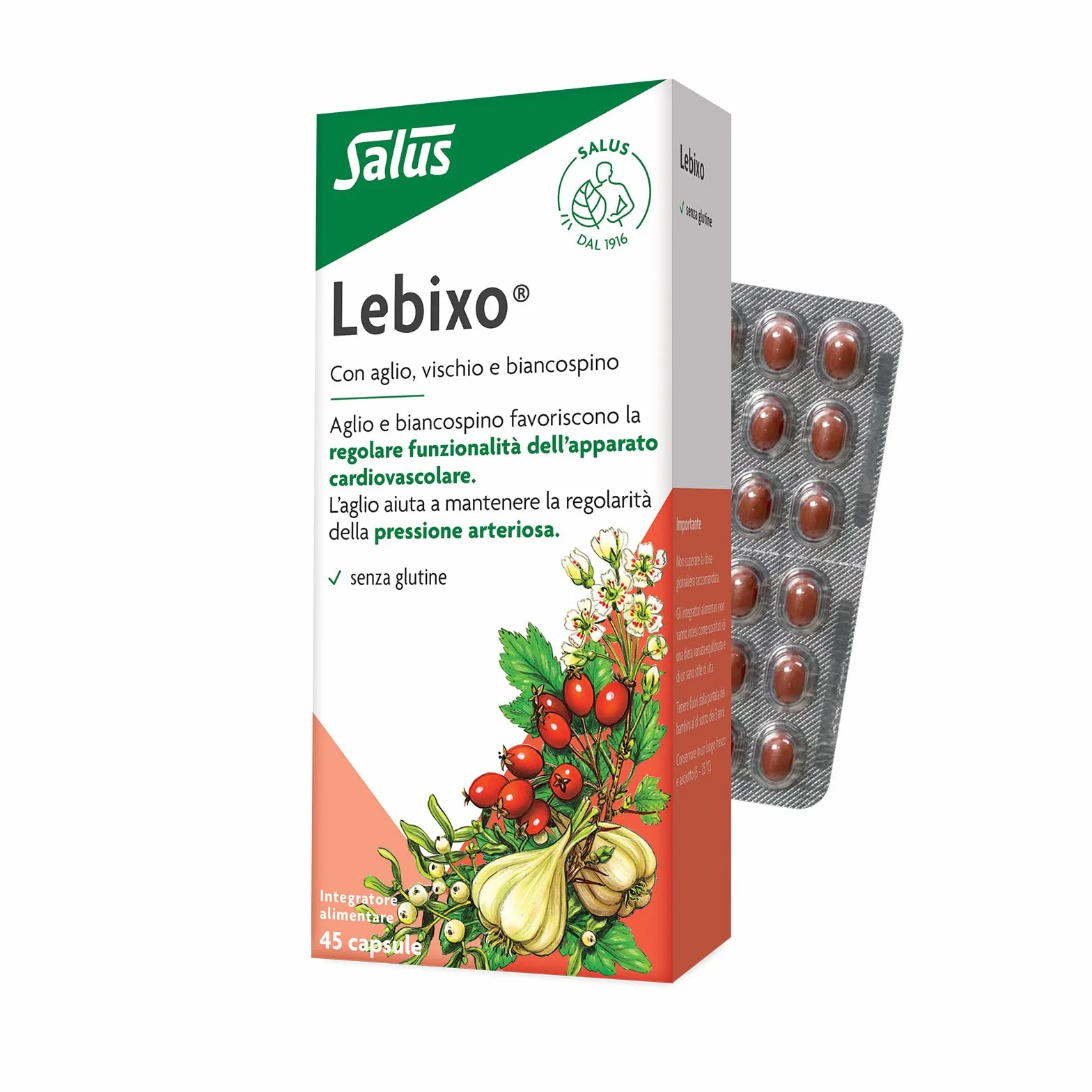 Salus Lebixo - Integratore Alimentare per la regolarità cardiovascolare e della pressione arteriosa, a base di Aglio, Vischio e Biancospino - 45 Capsule
