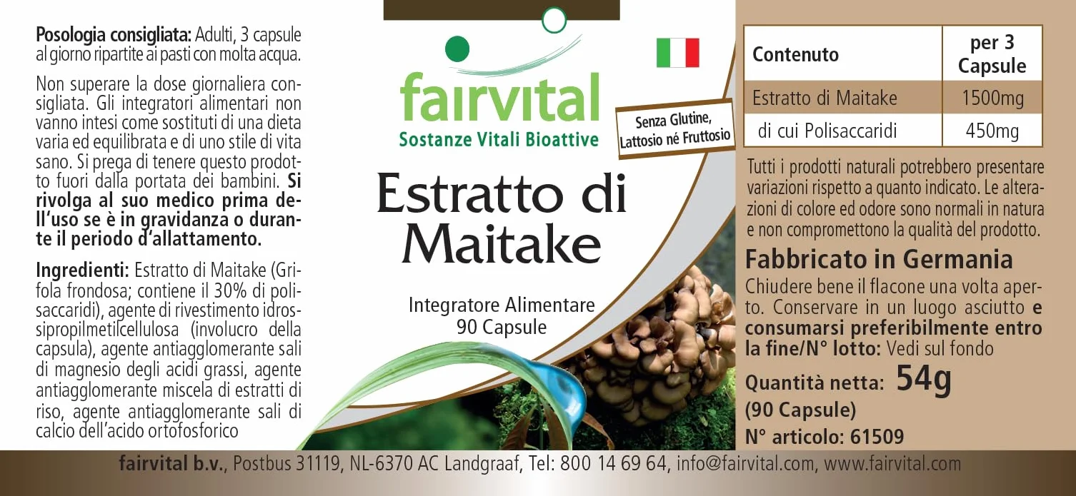 fairvital Estratto di Maitake 500 mg, 90 capsule, facili da deglutire, ALTO DOSAGGIO, Grifola frondosa, 30% di polisaccaridi, VEGANO