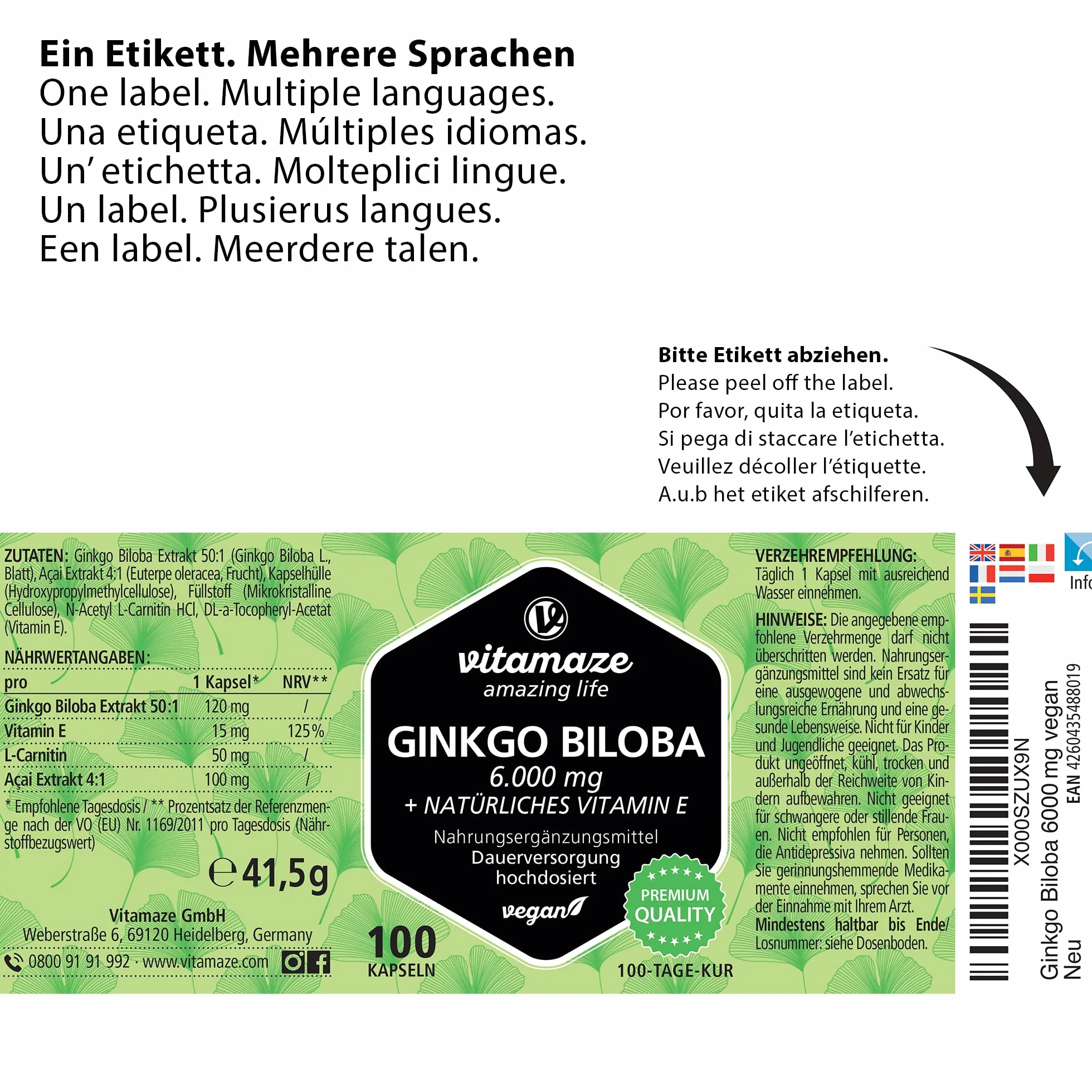 Vitamaze Ginkgo Biloba Complex 6000 mg (50:1) con L Carnitina e Vitamina E, 100 Capsule Integratore Vegano