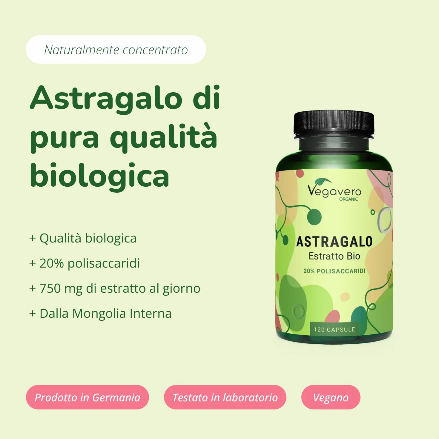 Vegavero® ASTRAGALO BIO 5600 mg Titolato in Polisaccaridi 120 capsule Vegan