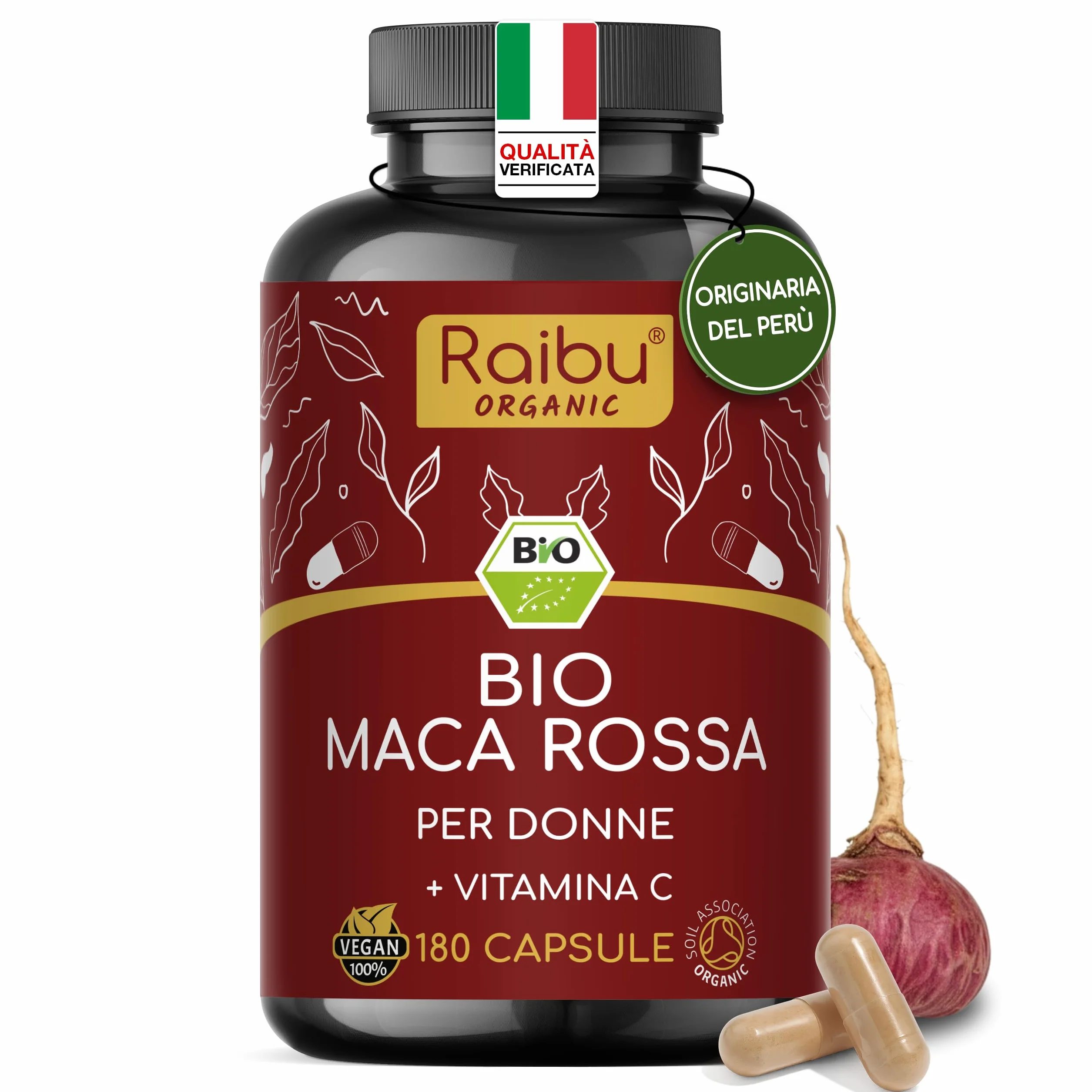 Maca Rossa Peruviana BIO - 180 capsule da radice di Maca Peruviana - Equilibrio ormonale per donna - 3.200mg per dose giornaliera (equivalenti a 12.800mg di radice del Perù) - Con vitamina C naturale