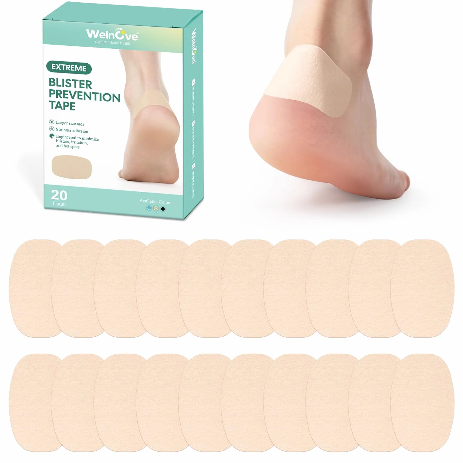 Welnove Moleskin Adhesive Pads for Feet,Blister Bandages for Feet, Moleskin Tape, Moleskin Padding, Mole Skin Patch for Feet Heels, Skin Tape Stickers for Feet - Beige, Rectangle, 20 Count