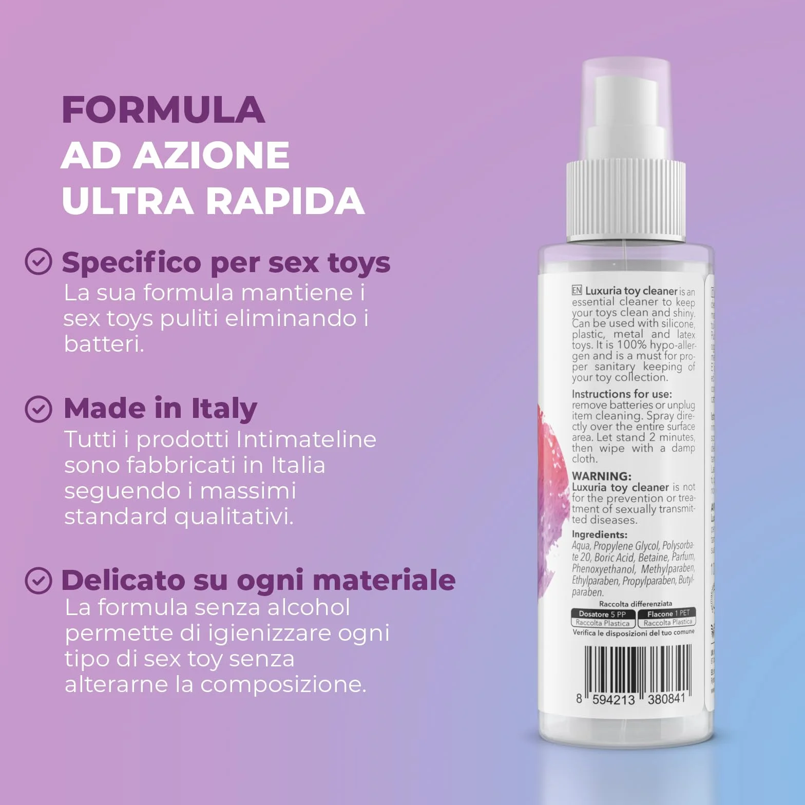 INTIMATELINE | Luxuria Toy Cleaner - Detergente e Igienizzante Specifico per Sex Toys, Azione Antibatterica, Alcohol Free, 100 ml