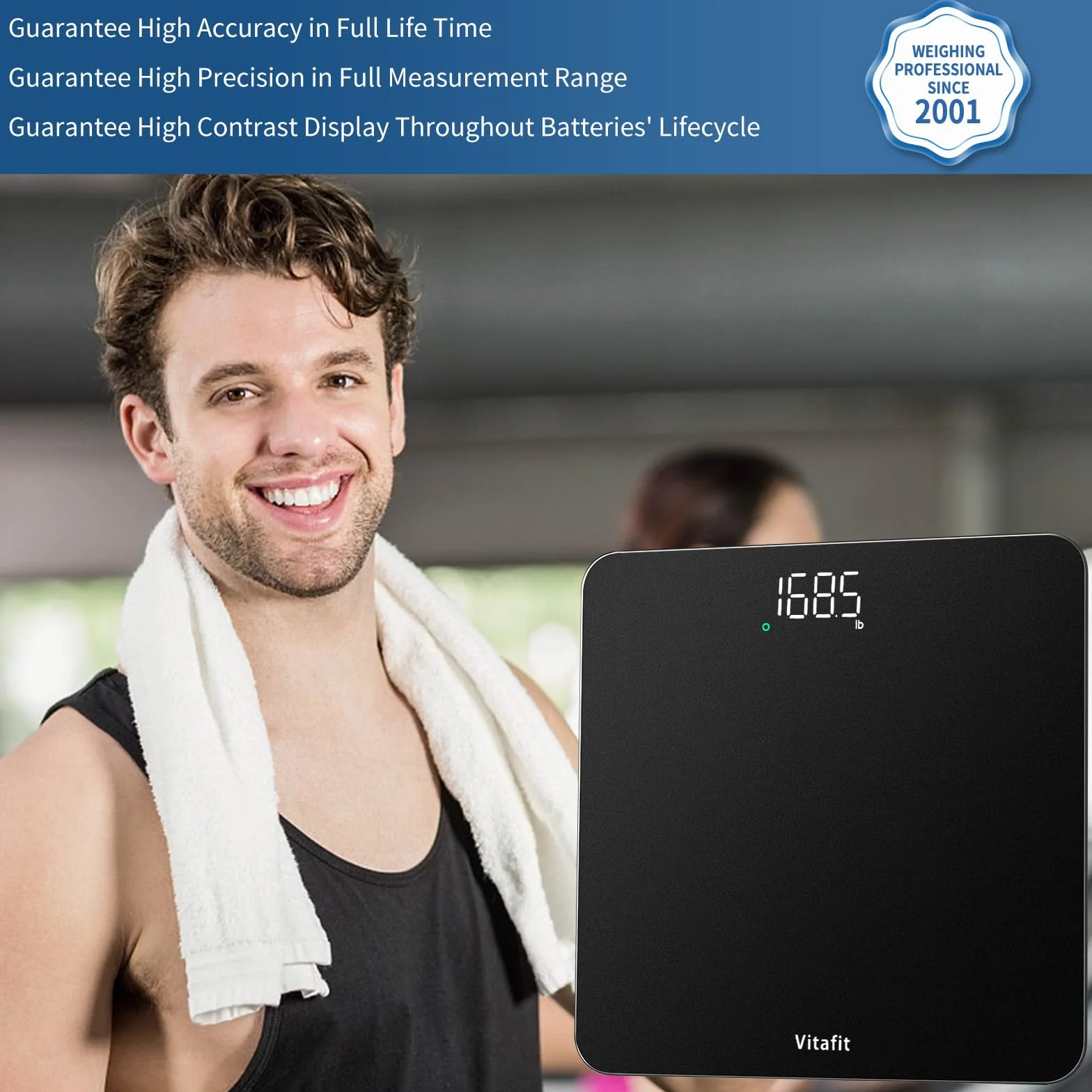 Vitafit Bilancia Pesapersone, Alta Precisione 0,05kg dalla Nostra Bilancia Fabbrica Professionale Dal 2001, Pesa Persone Digitale LED e Step-On, 3*AAA Batterie Incluse, 182kg, Spray Argento Nero
