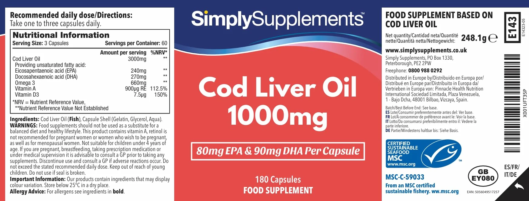 Olio Di Fegato Di Merluzzo 1000mg Omega 3 EPA DHA 180 Capsule Supporto Cervello Vista Immunità
