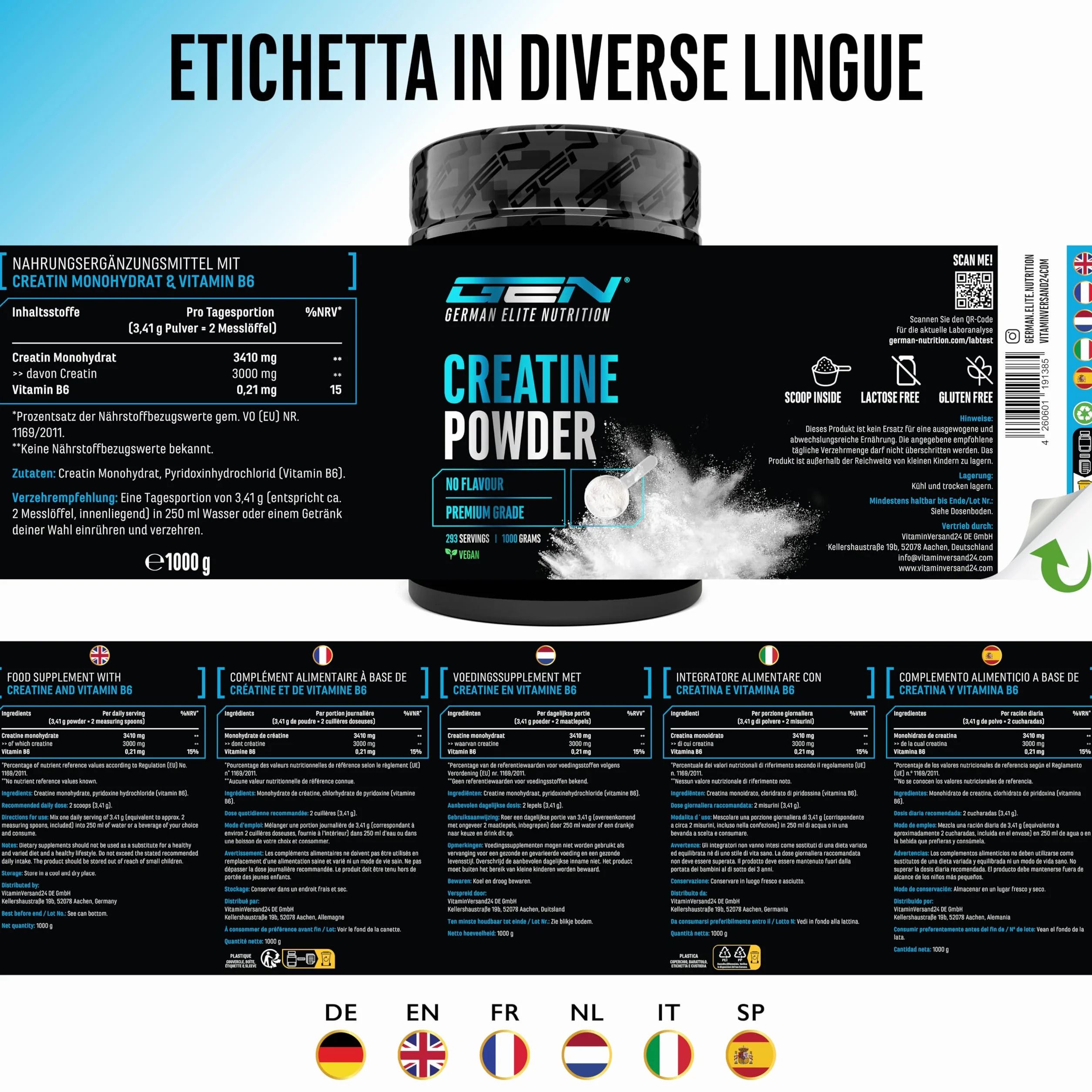 Creatina Monoidrato in Polvere 1kg 1000g Microfine Vegan 293 Applicazioni
